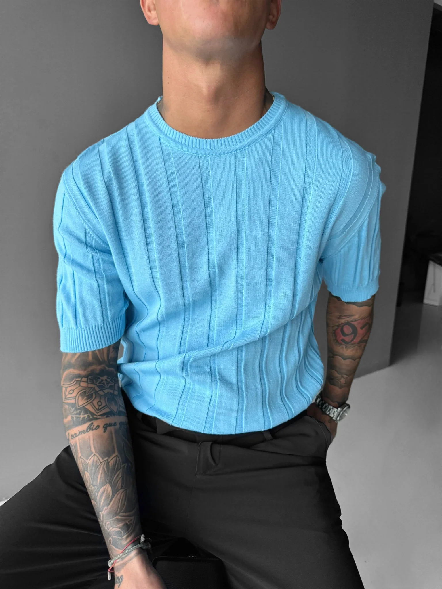 Regular Fit Knit Lines T-shirt - Babyblue - Image 3