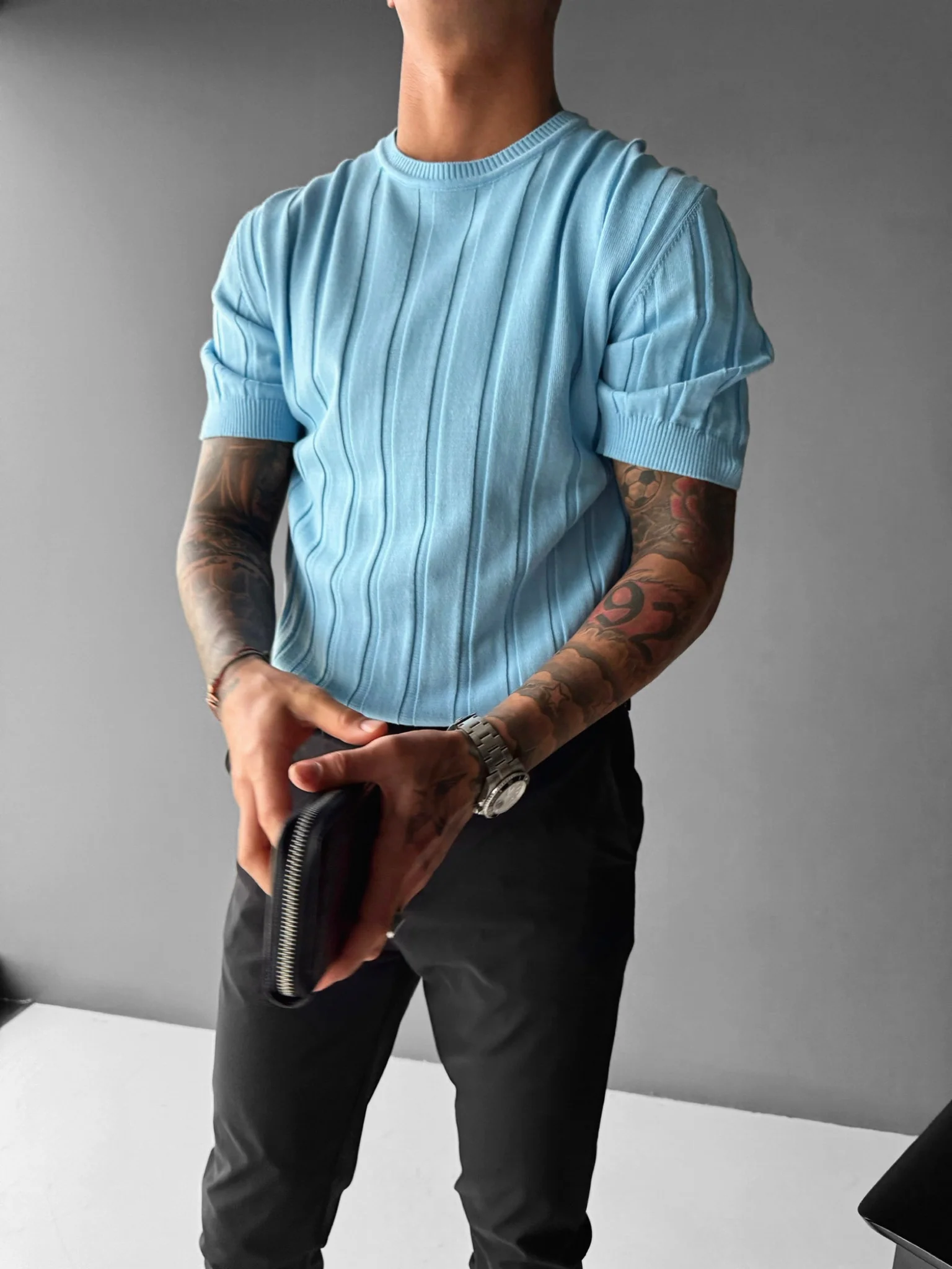 Regular Fit Knit Lines T-shirt - Babyblue - Image 4