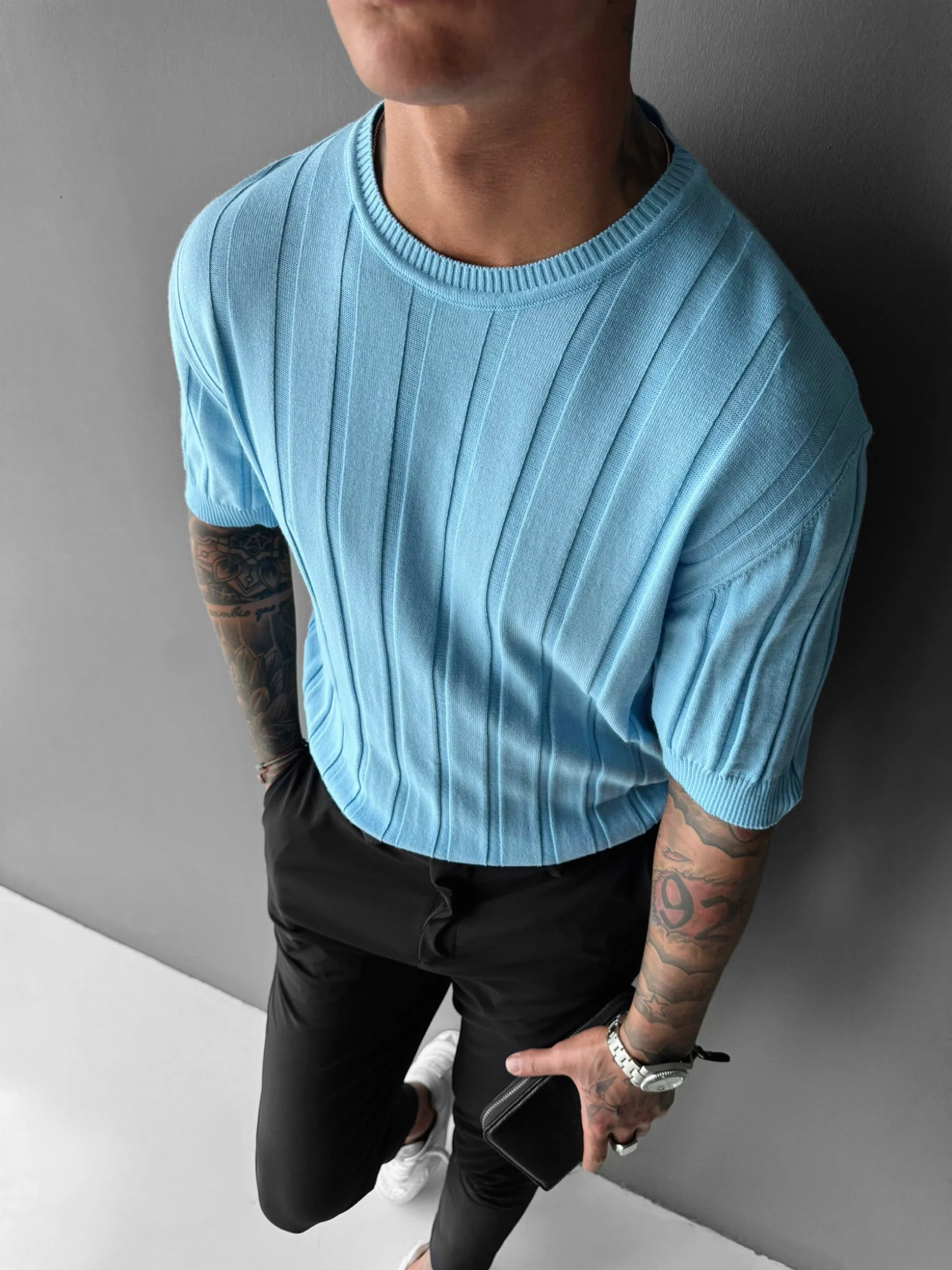 Regular Fit Knit Lines T-shirt - Babyblue - Image 5