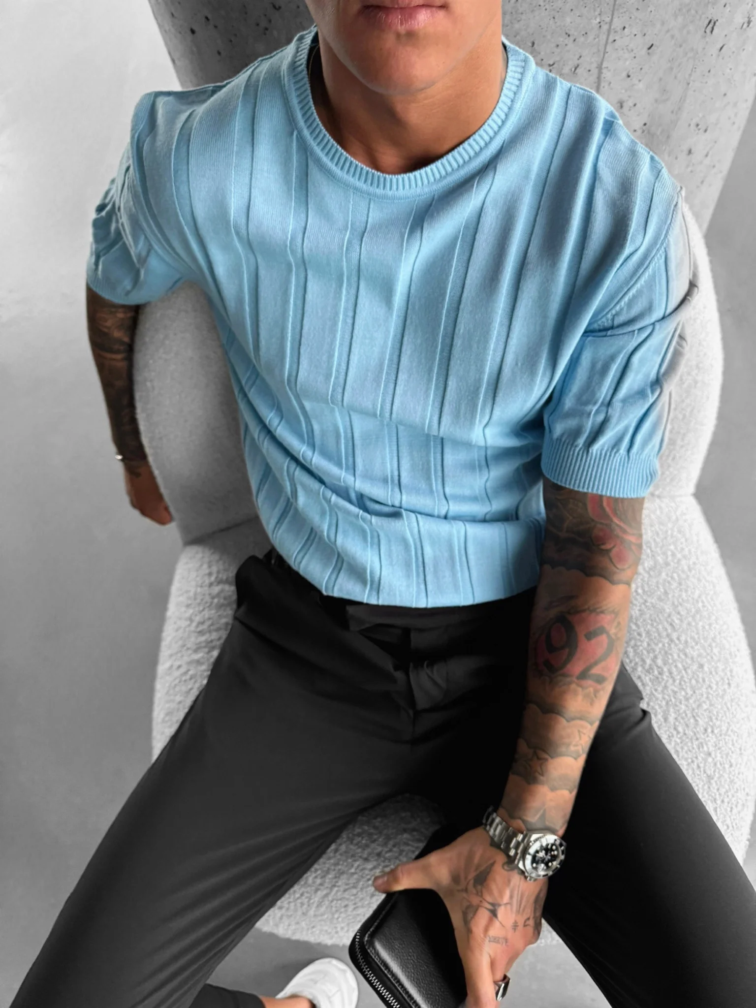 Regular Fit Knit Lines T-shirt - Babyblue - Image 6