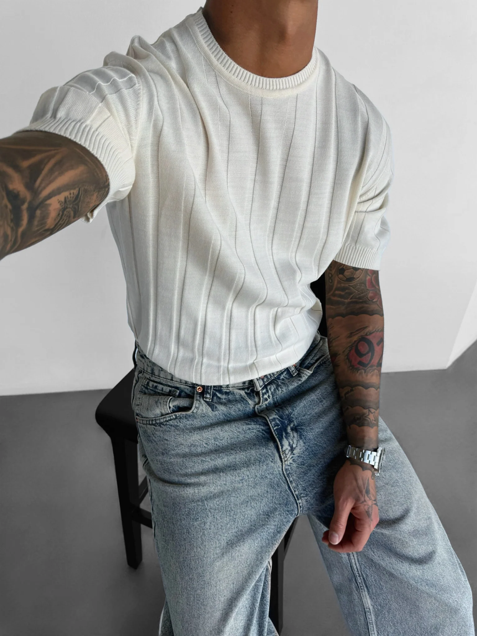 Regular Fit Knit Lines T-shirt - Creme - Image 3
