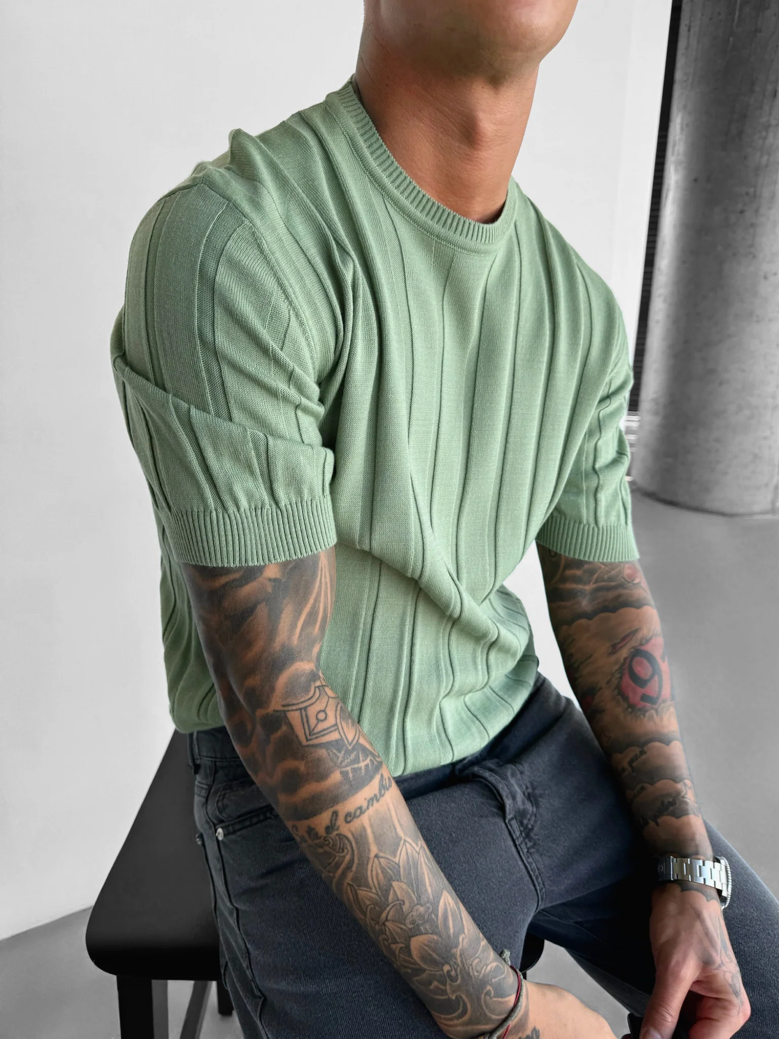 Regular Fit Knit Lines T-shirt - Grass - Image 3