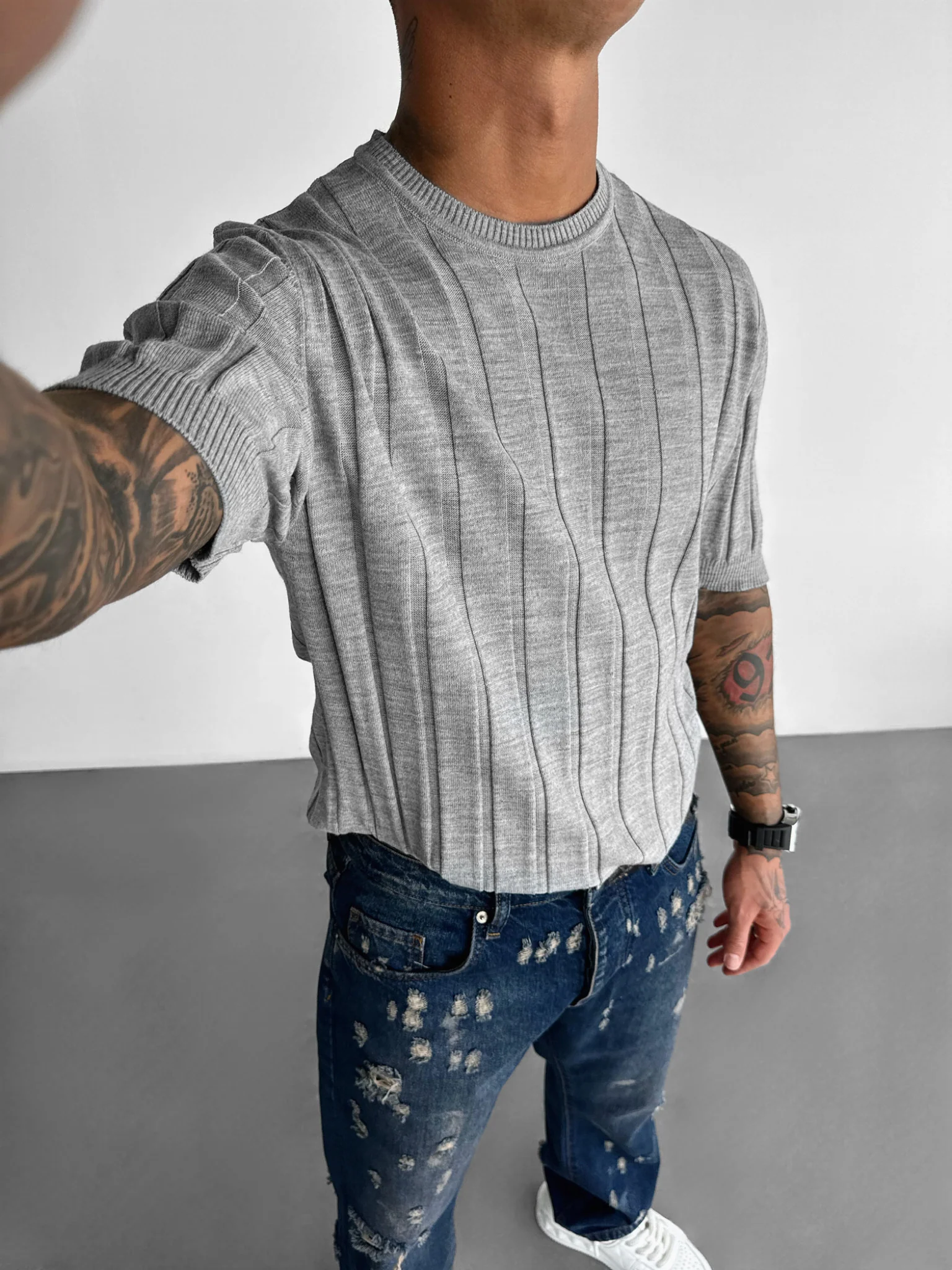 Regular Fit Knit Lines T-shirt - Grey