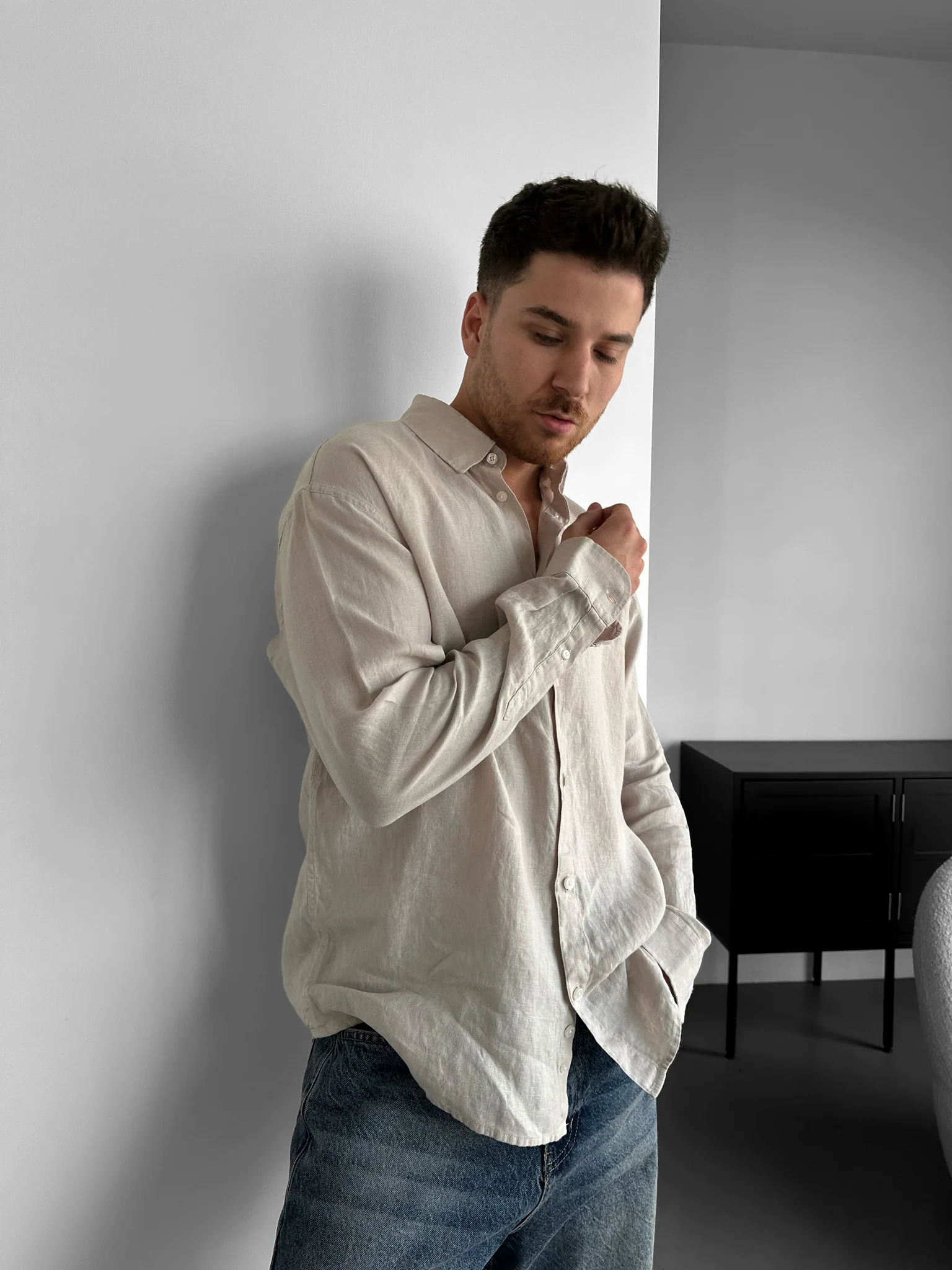 Regular Fit Long Arm Linen Shirt - Milky Brown - Image 2