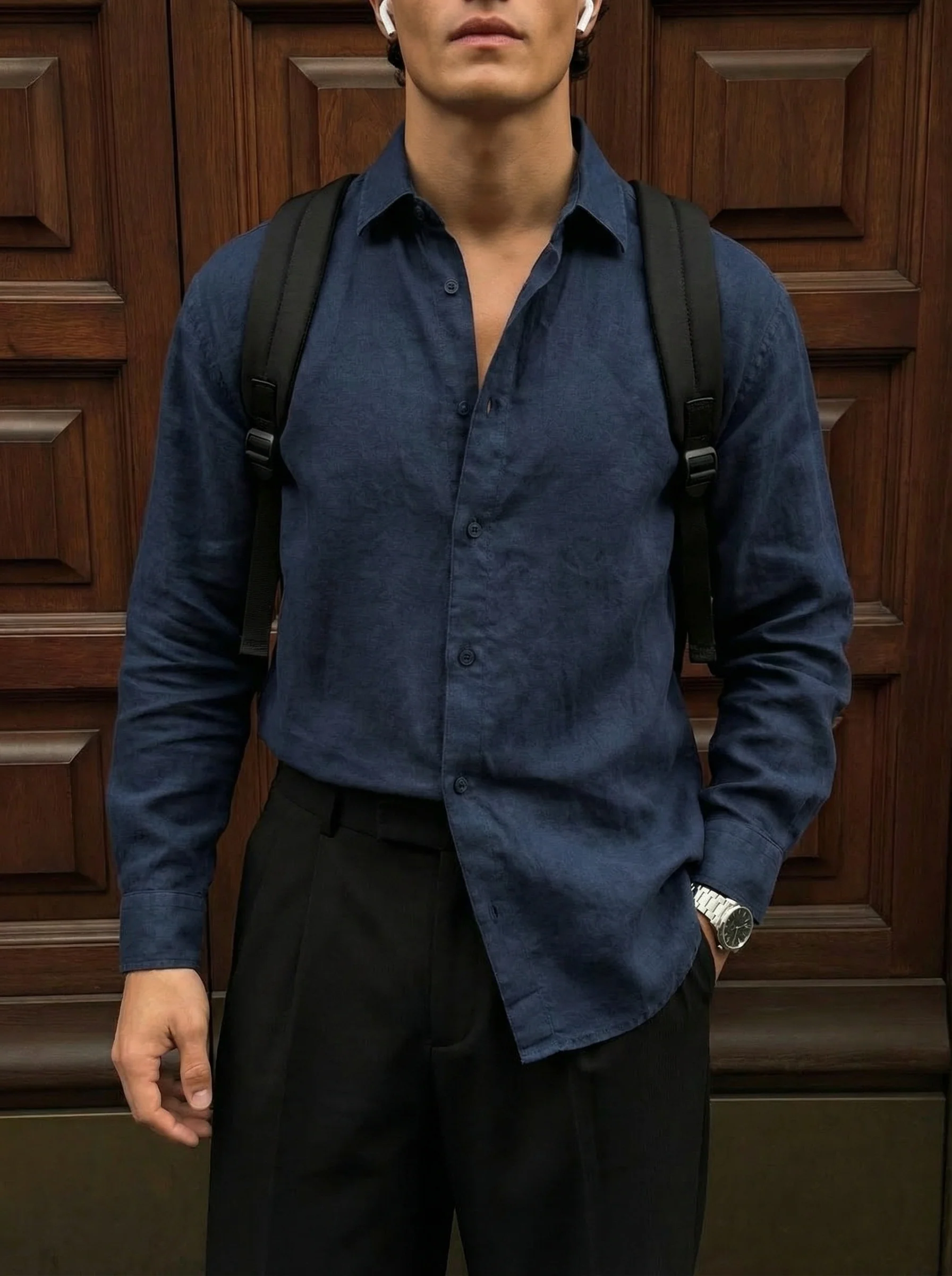 Regular Fit Long Arm Linen Shirt - Navy Blue - Image 2