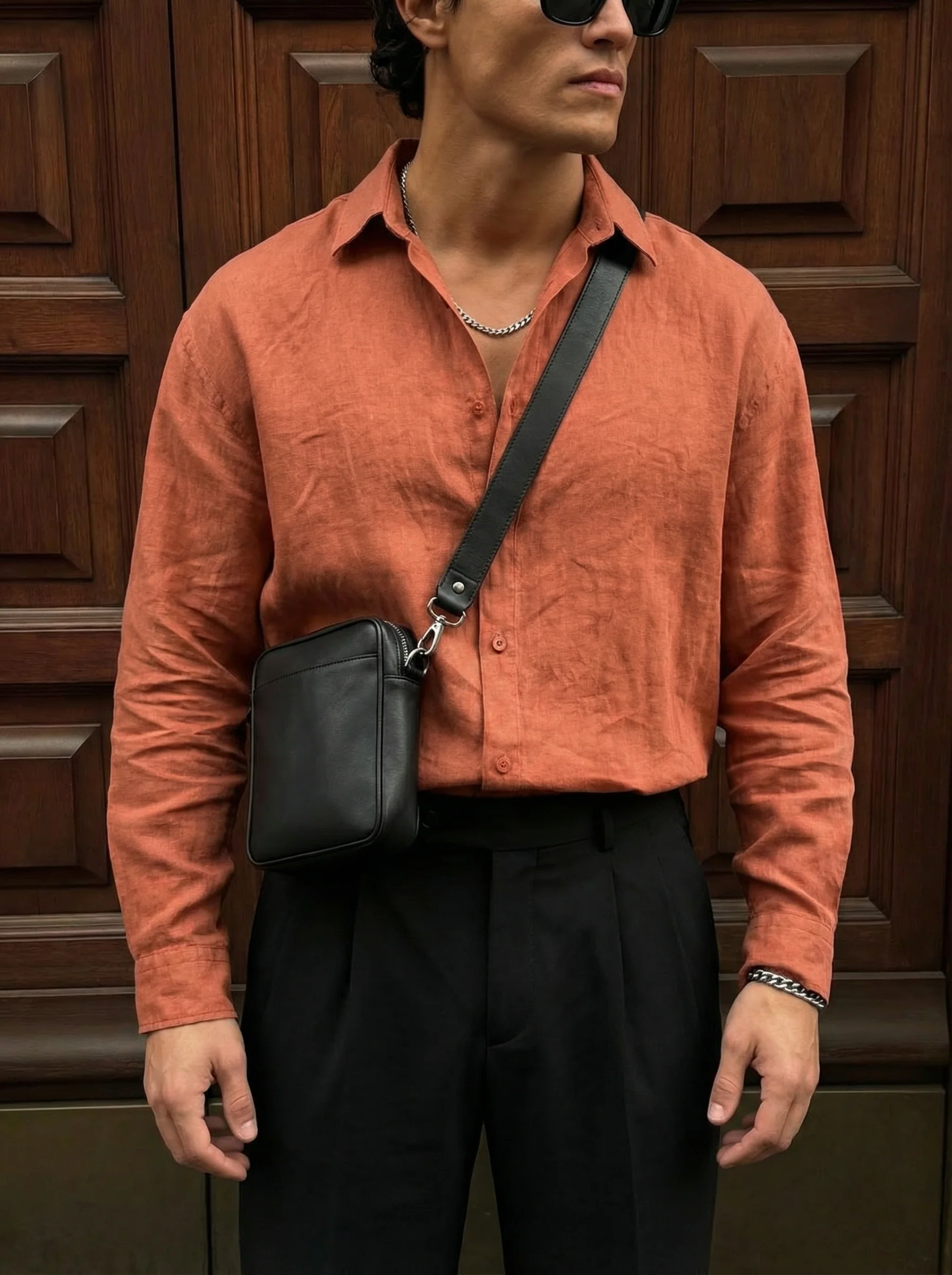Regular Fit Long Arm Linen Shirt - Terracotta - Image 2