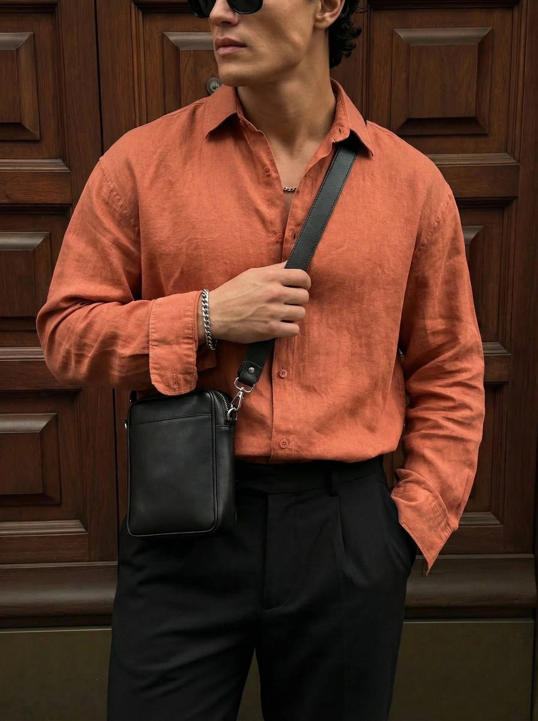 Regular Fit Long Arm Linen Shirt - Terracotta - Image 3