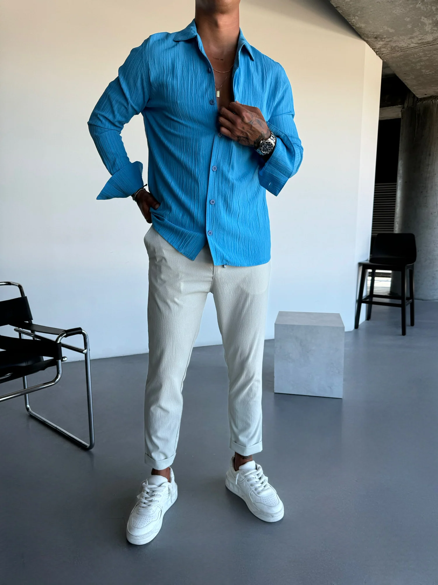 Regular Fit Pleated Shirt - Blue - Image 2