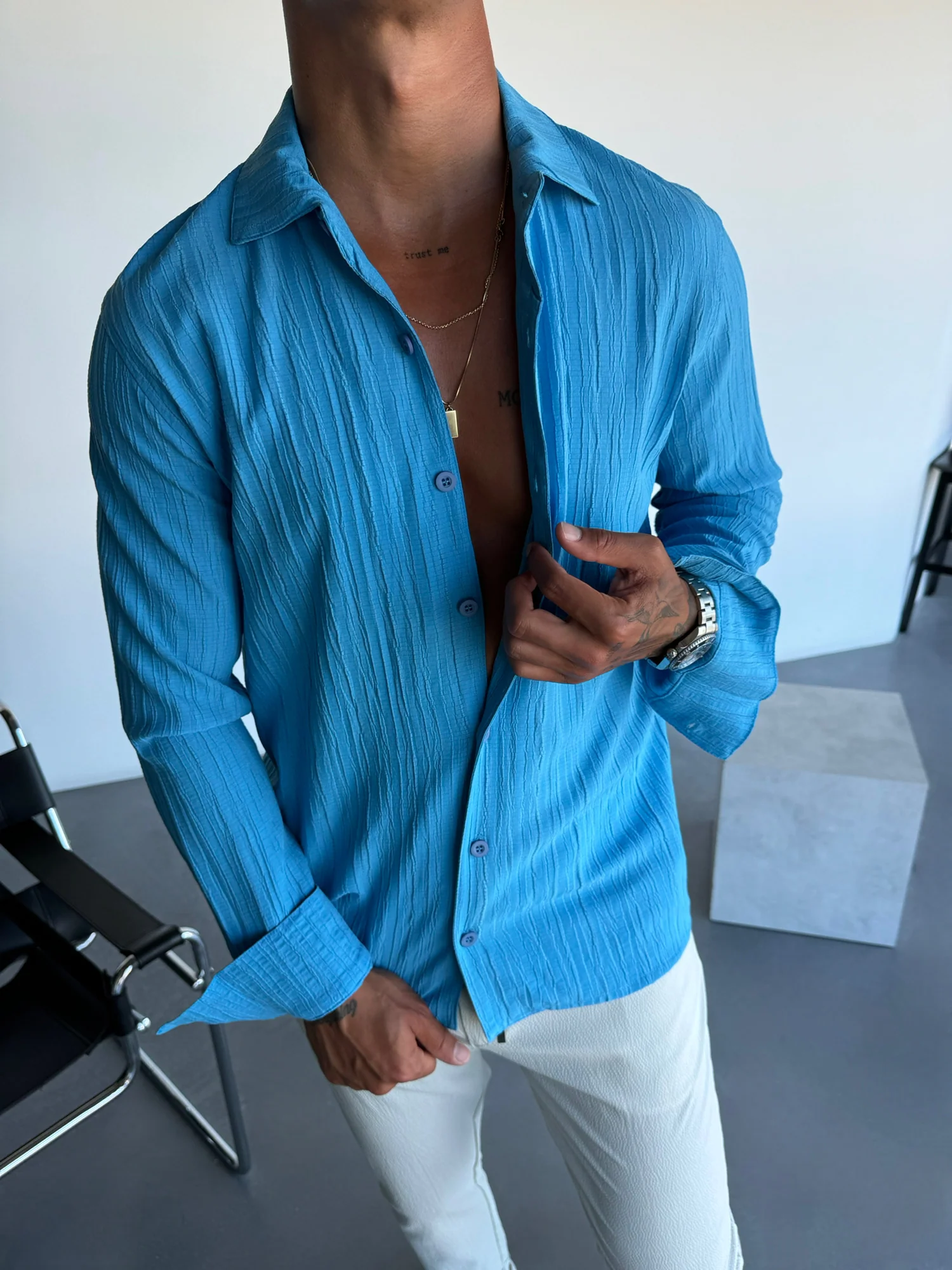 Regular Fit Pleated Shirt - Blue - Image 4