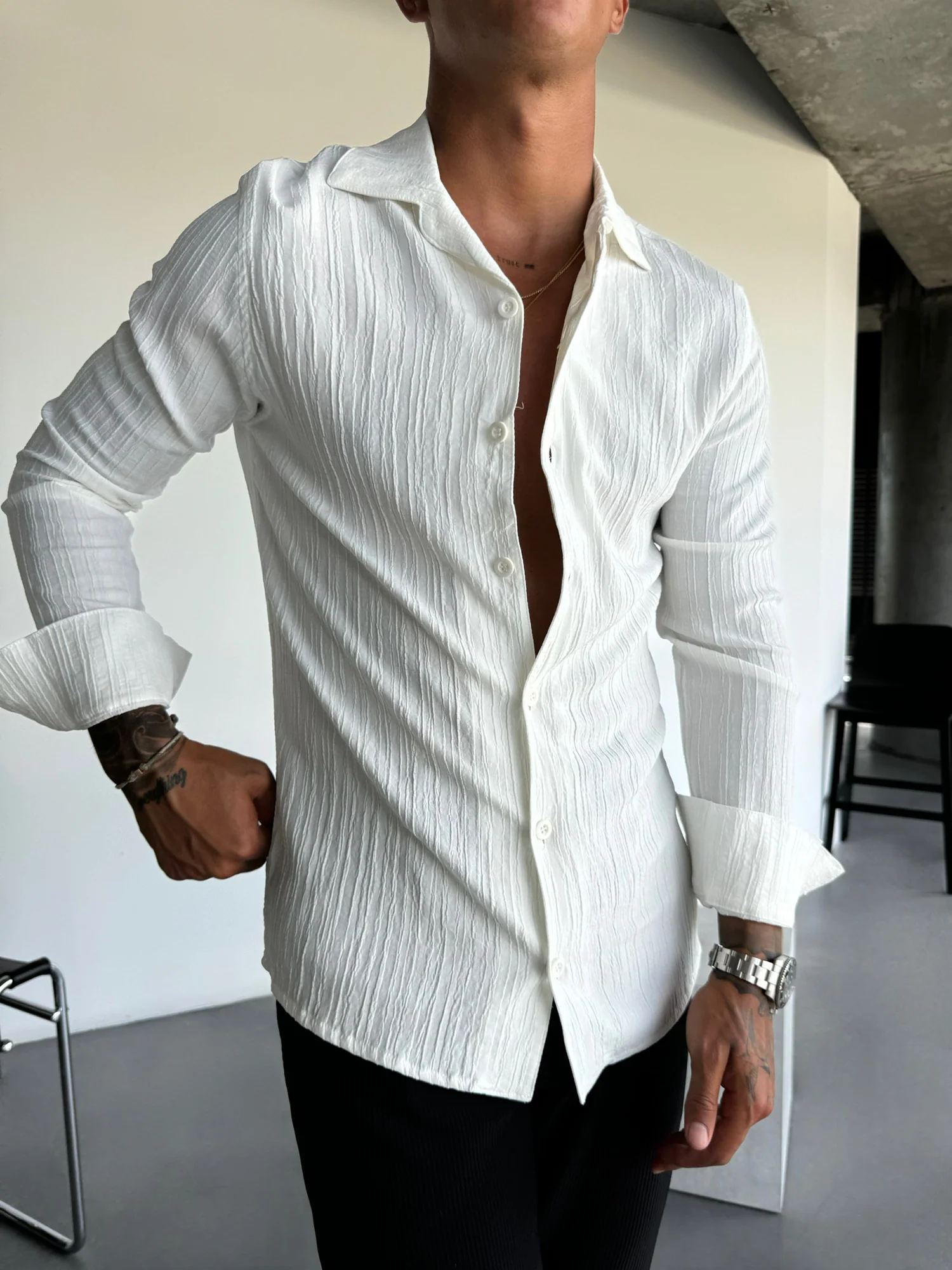 Regular Fit Pleated Shirt - Ecru - Image 2