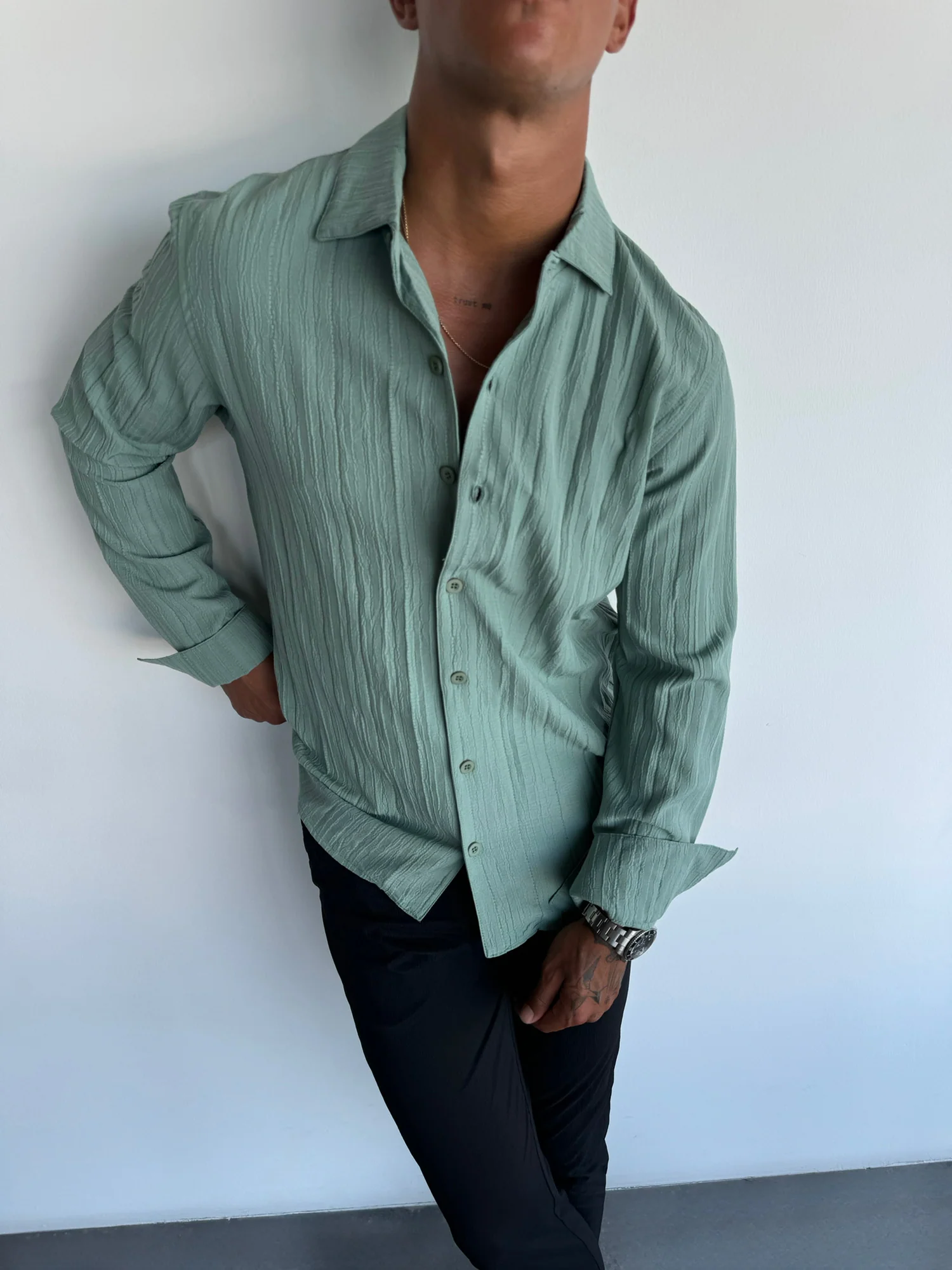 Regular Fit Pleated Shirt - Green - Image 2