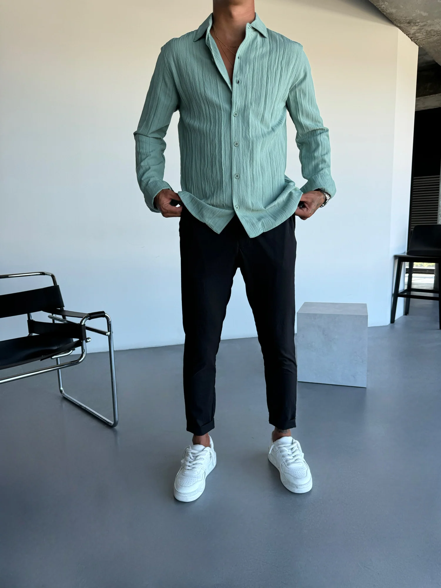 Regular Fit Pleated Shirt - Green - Image 3