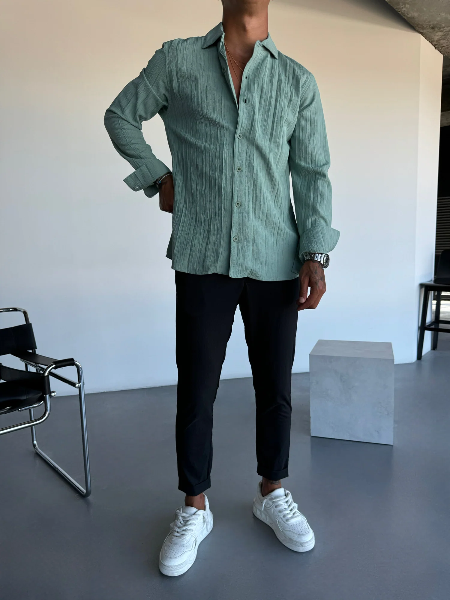 Regular Fit Pleated Shirt - Green - Image 4