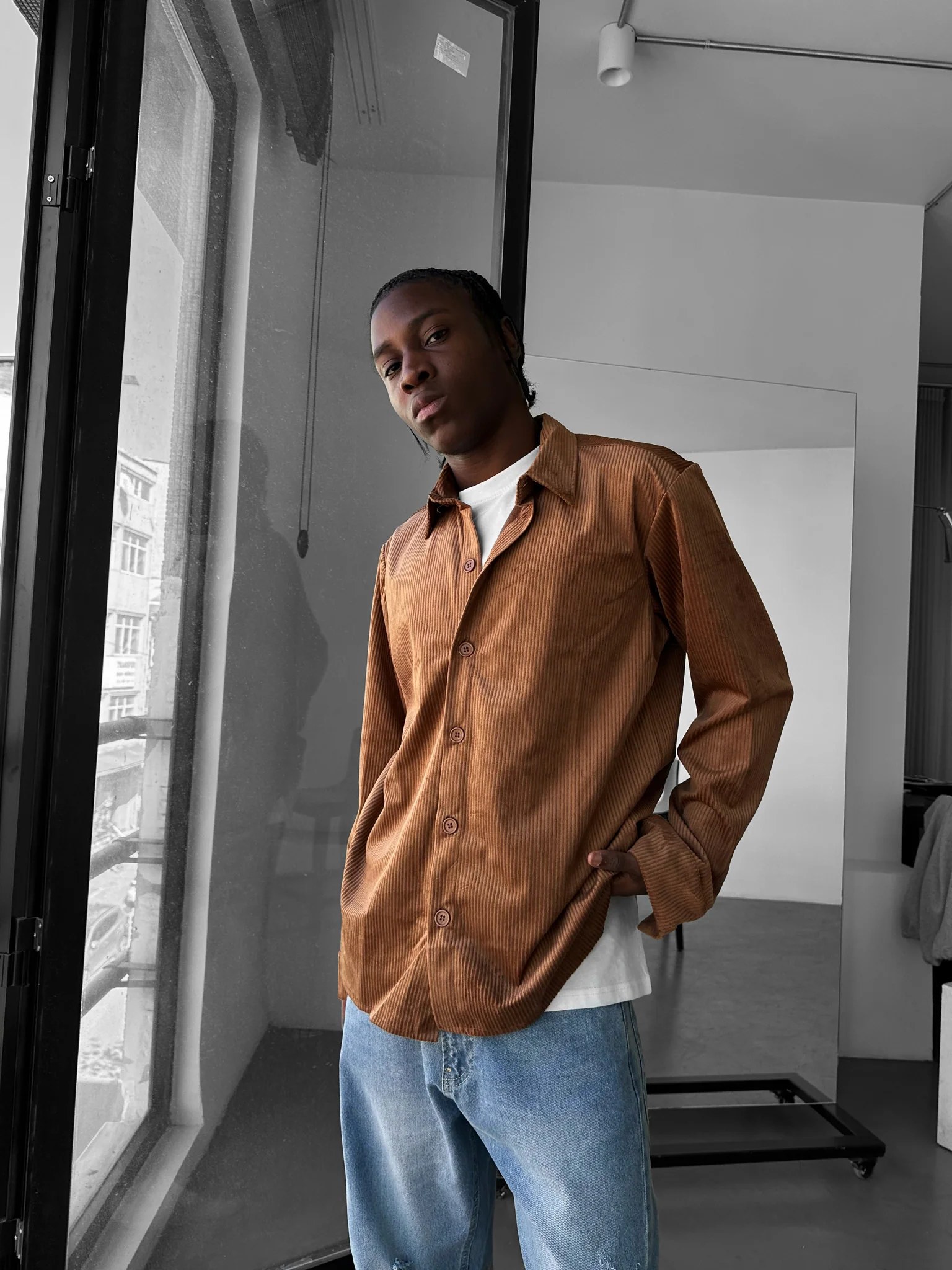 Regular Fit Velvet Shirt - Camel - Image 2