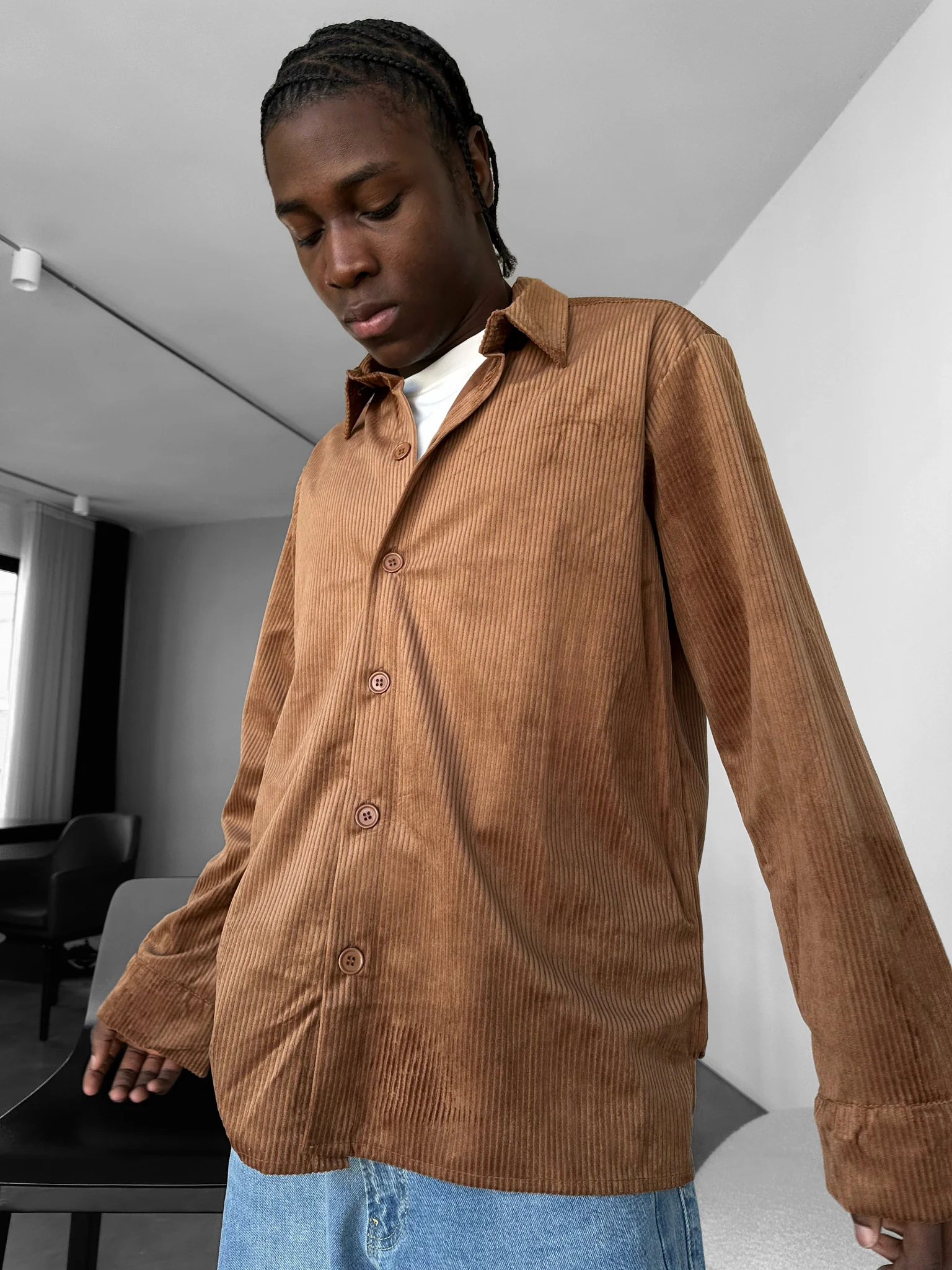 Regular Fit Velvet Shirt - Camel - Image 4