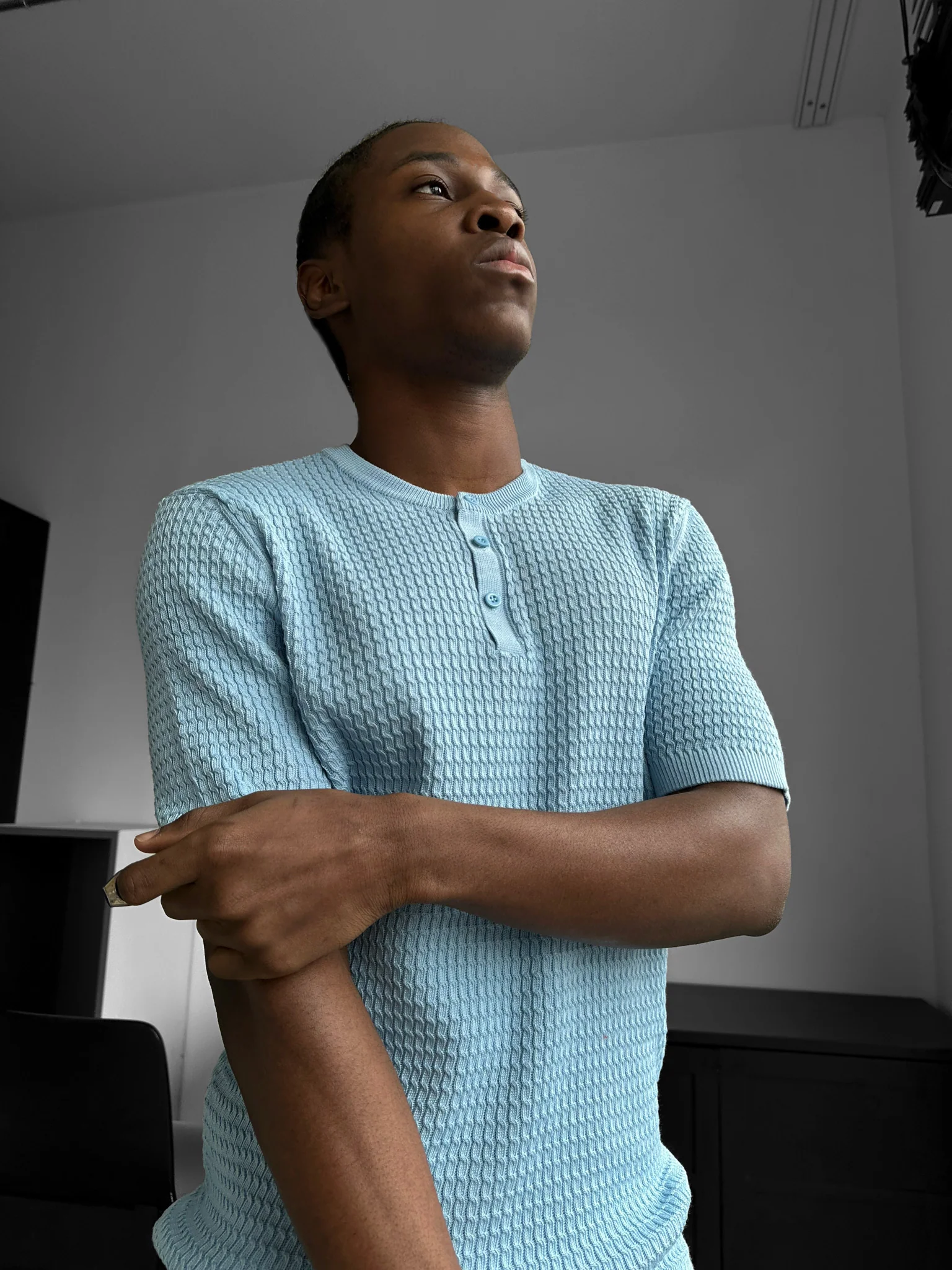 Regular Fit Waffle Button T-shirt - Babyblue - Image 2