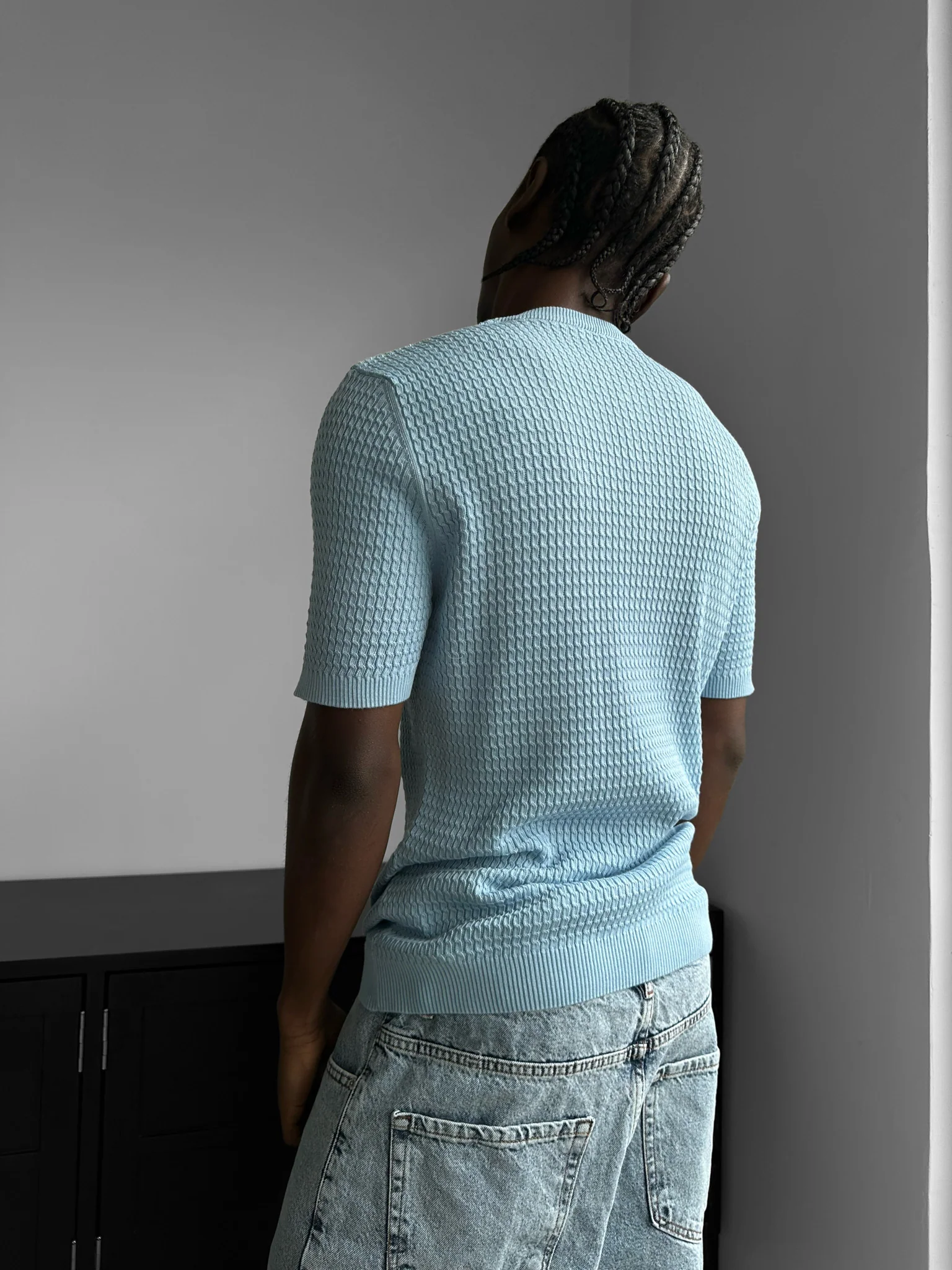 Regular Fit Waffle Button T-shirt - Babyblue - Image 4