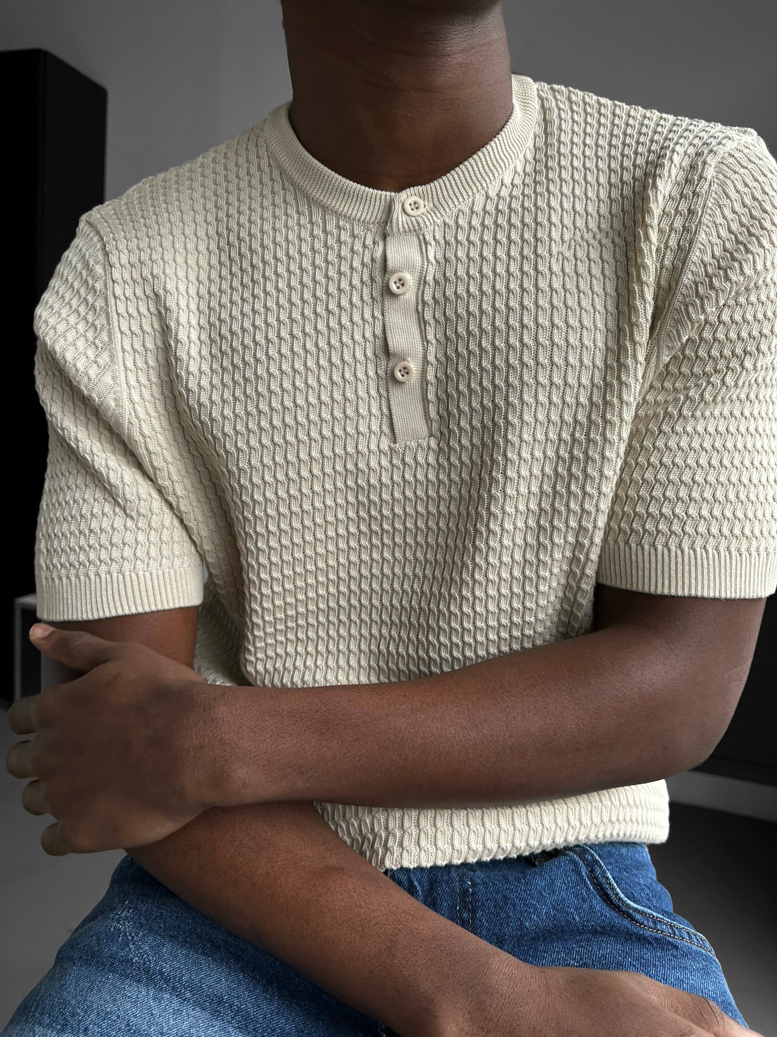 Regular Fit Waffle Button T-shirt - Beige - Image 2