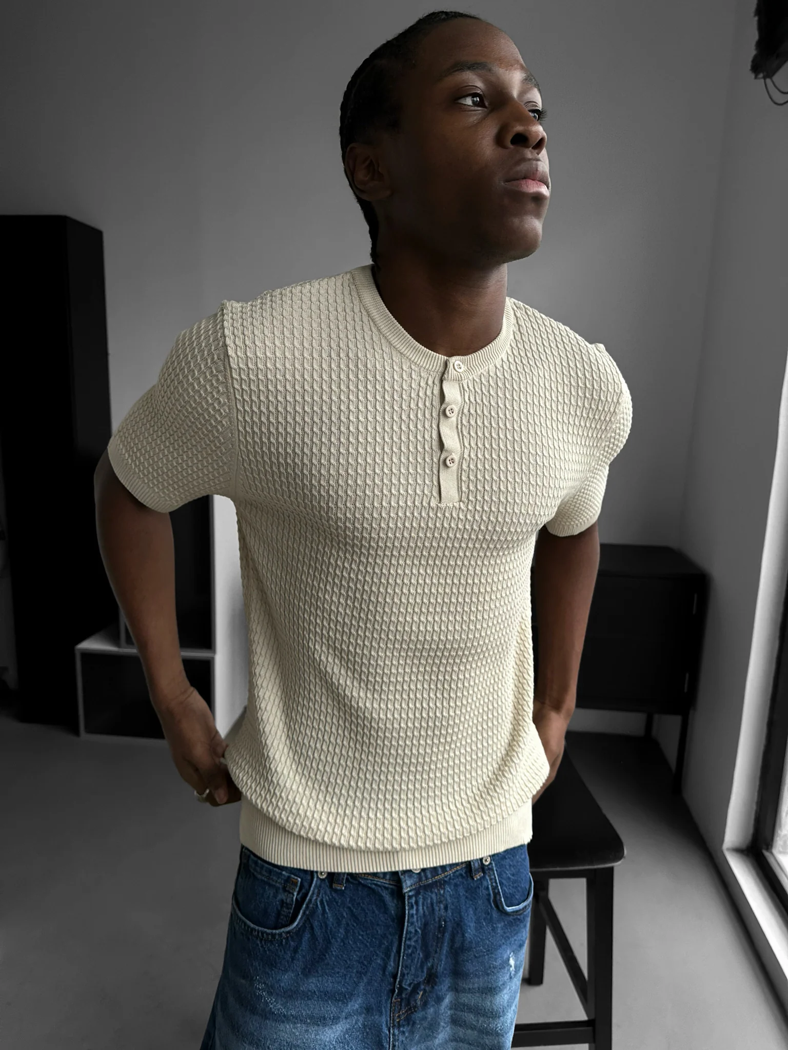 Regular Fit Waffle Button T-shirt - Beige - Image 3