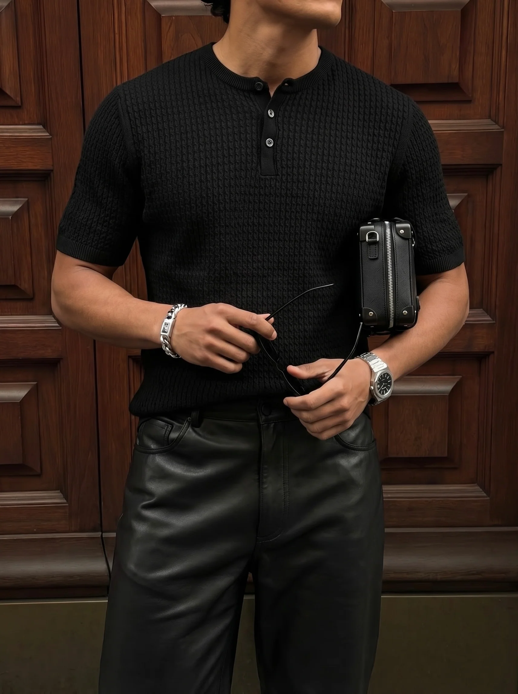 Regular Fit Waffle Button T-shirt - Black - Image 2