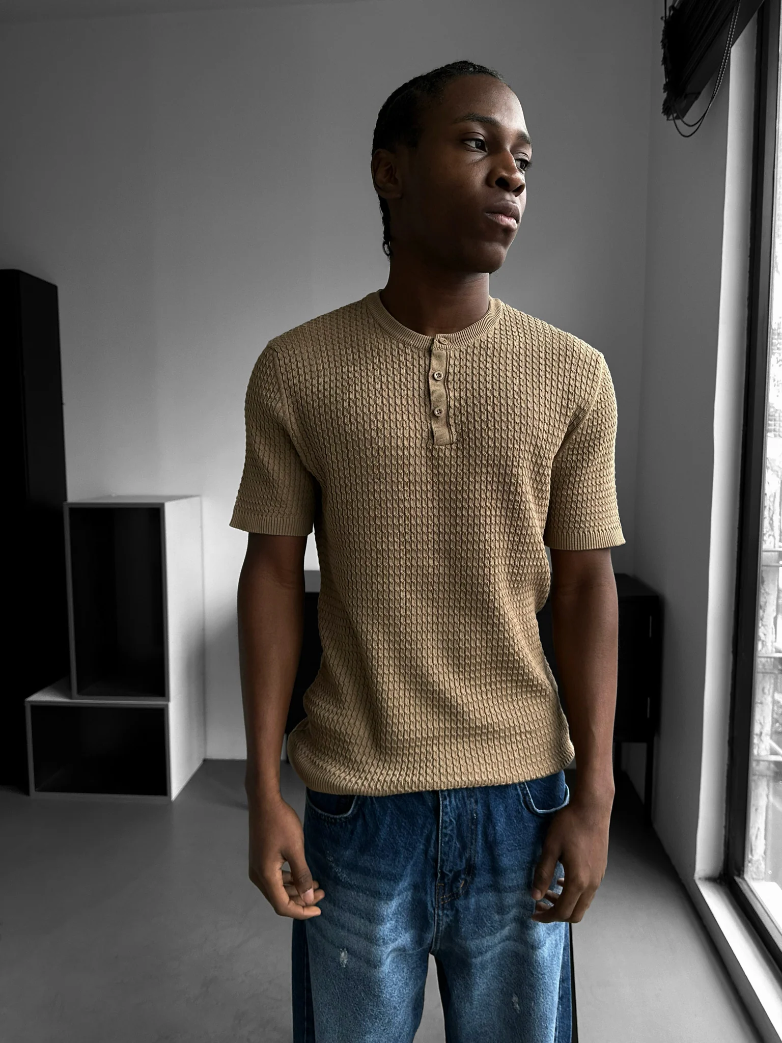 Regular Fit Waffle Button T-shirt - Camel - Image 3