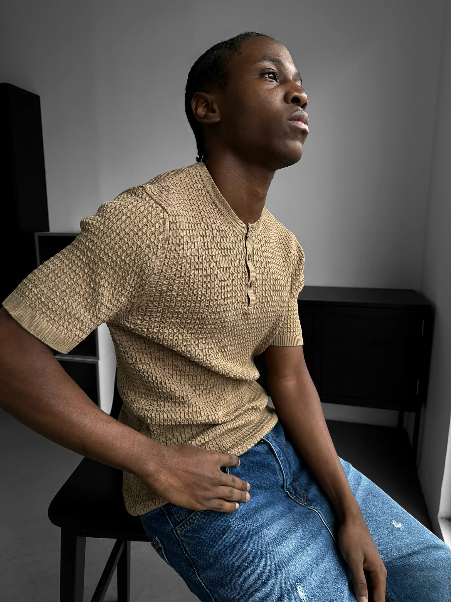Regular Fit Waffle Button T-shirt - Camel - Image 4