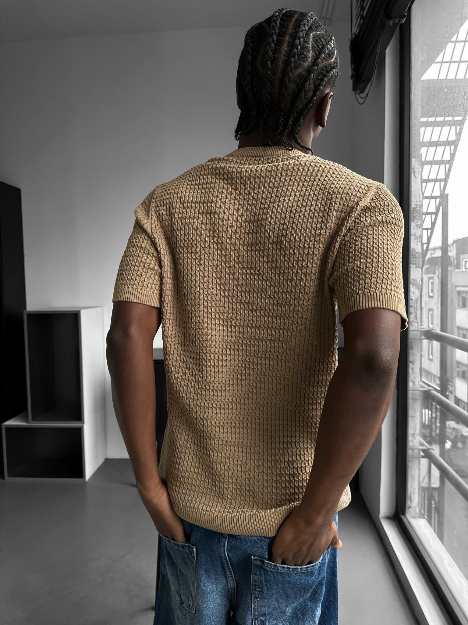 Regular Fit Waffle Button T-shirt - Camel - Image 5