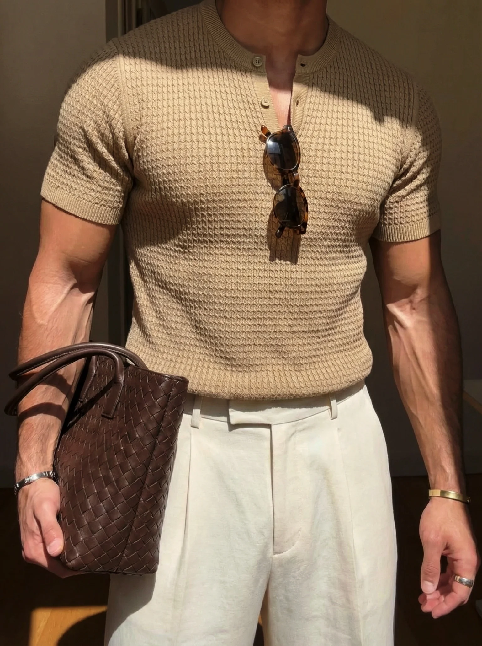 Regular Fit Waffle Button T-shirt - Camel - Image 6