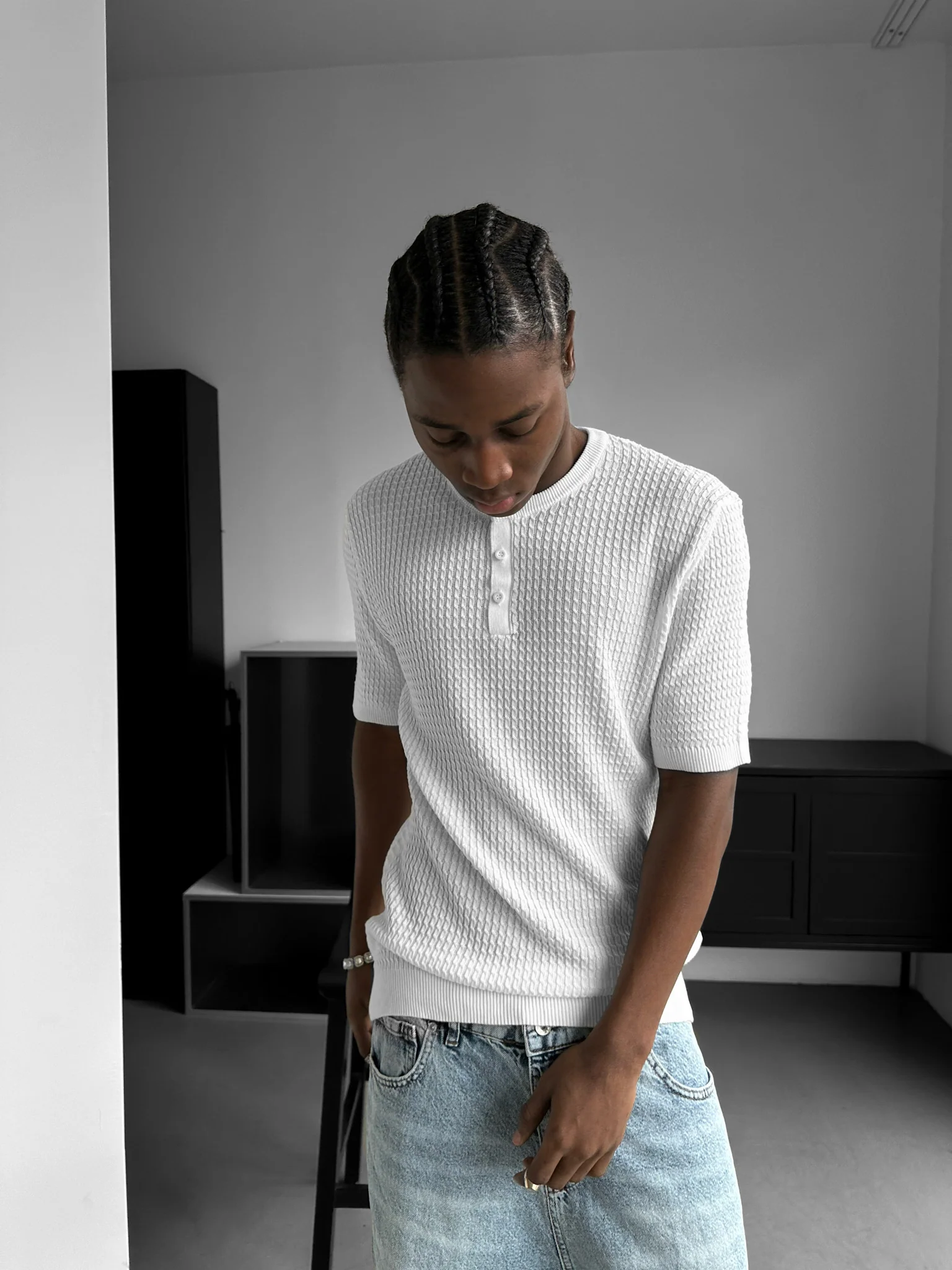 Regular Fit Waffle Button T-shirt - Ecru - Image 2