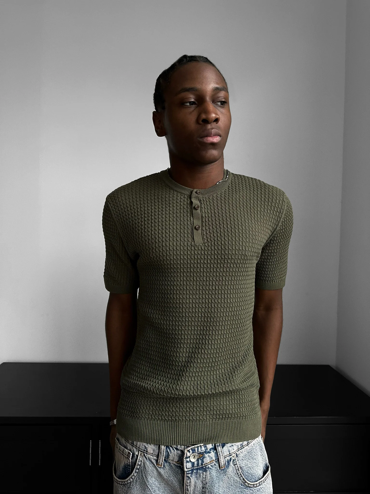 Regular Fit Waffle Button T-shirt - Khaki - Image 3