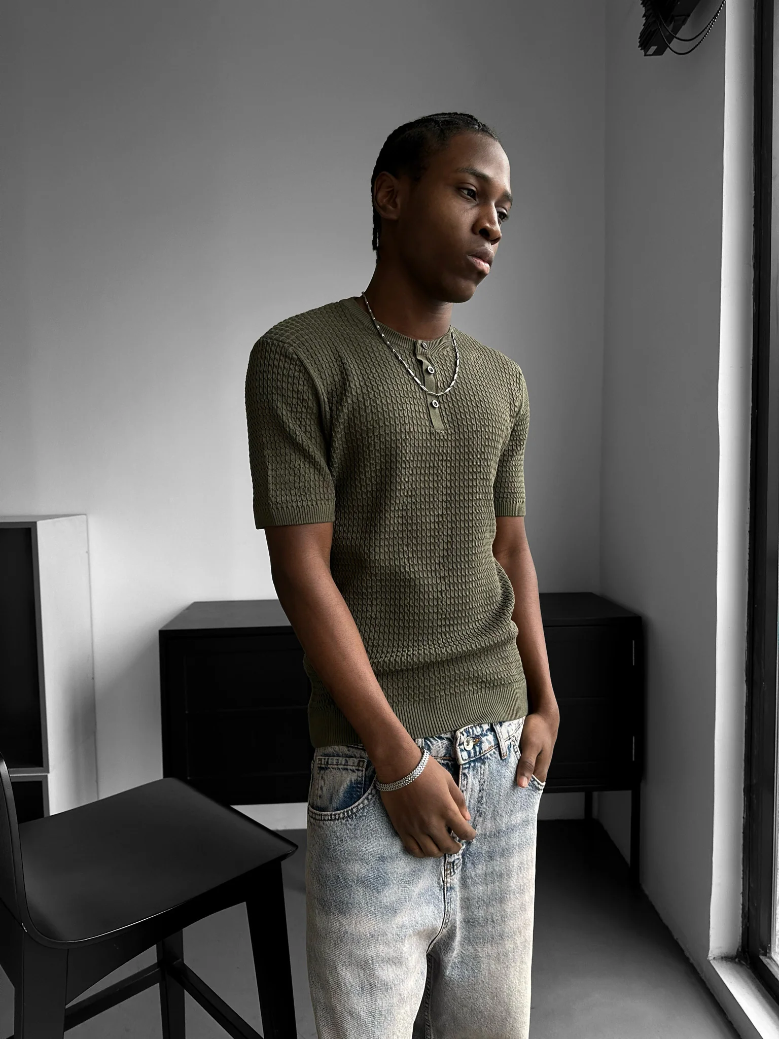 Regular Fit Waffle Button T-shirt - Khaki - Image 5