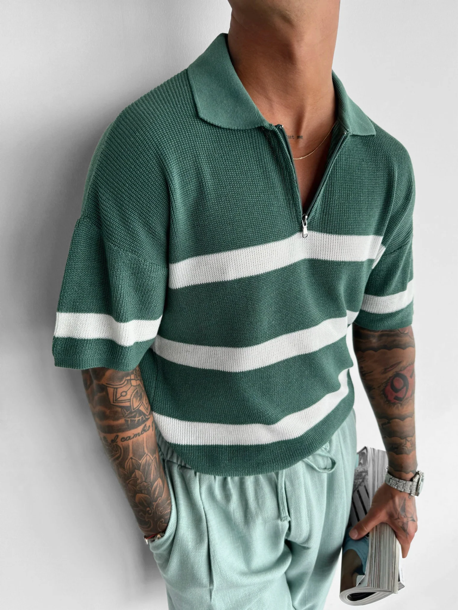 Regular Knit Zipper T-shirt - Petrol - Image 2