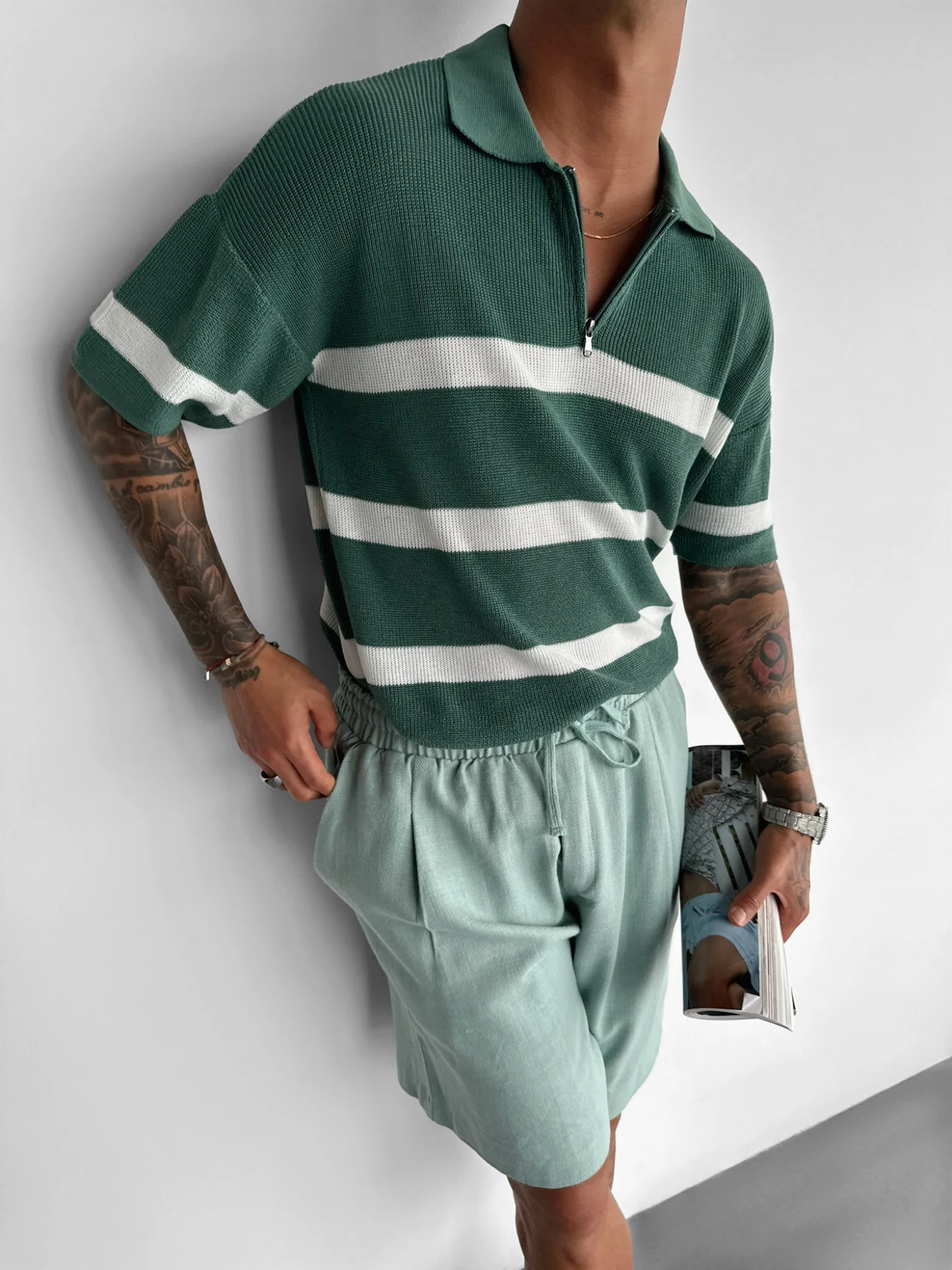 Regular Knit Zipper T-shirt - Petrol - Image 4