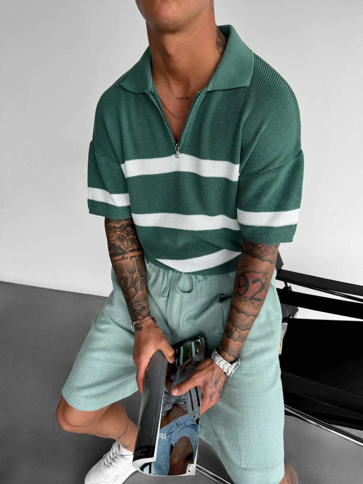 Regular Knit Zipper T-shirt - Petrol - Image 5