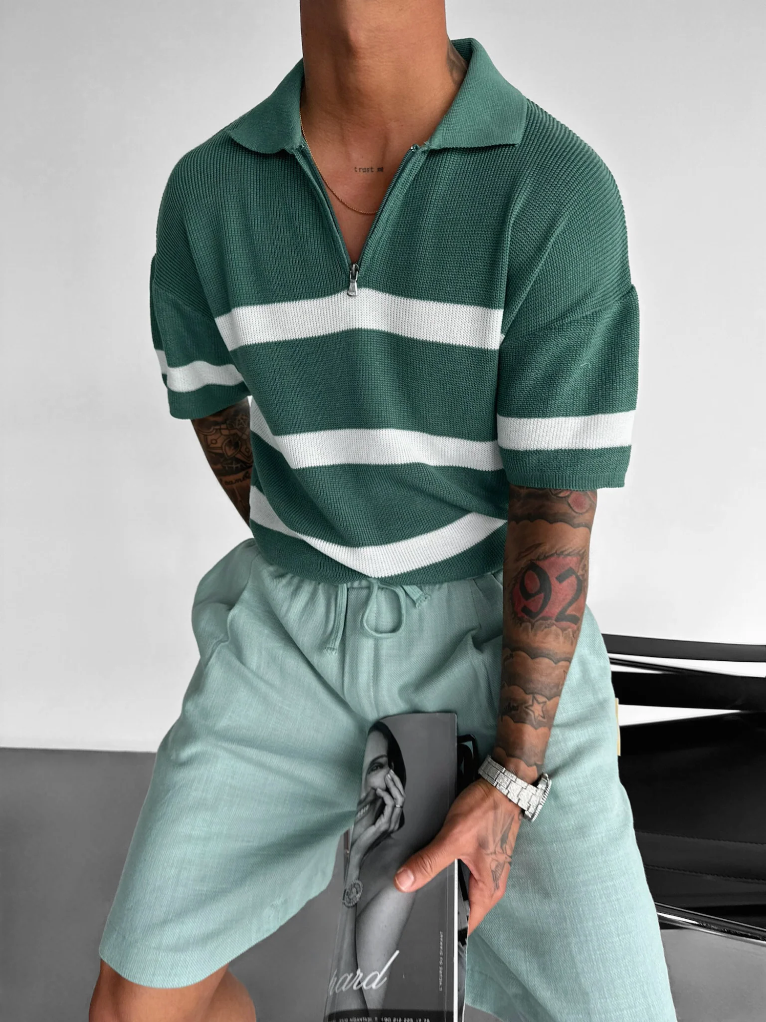 Regular Knit Zipper T-shirt - Petrol - Image 7