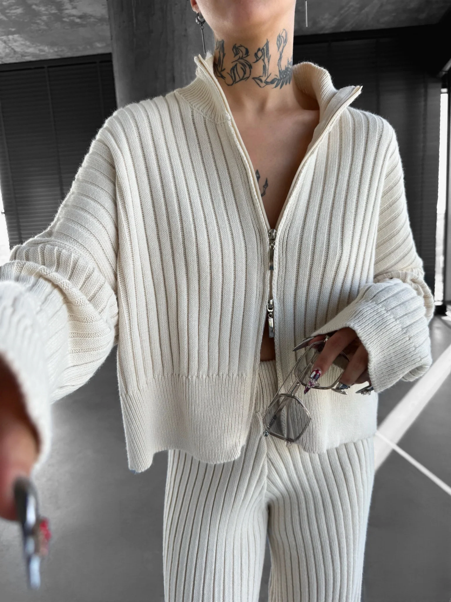 Skinny Knit Jacket - Beige - Image 3