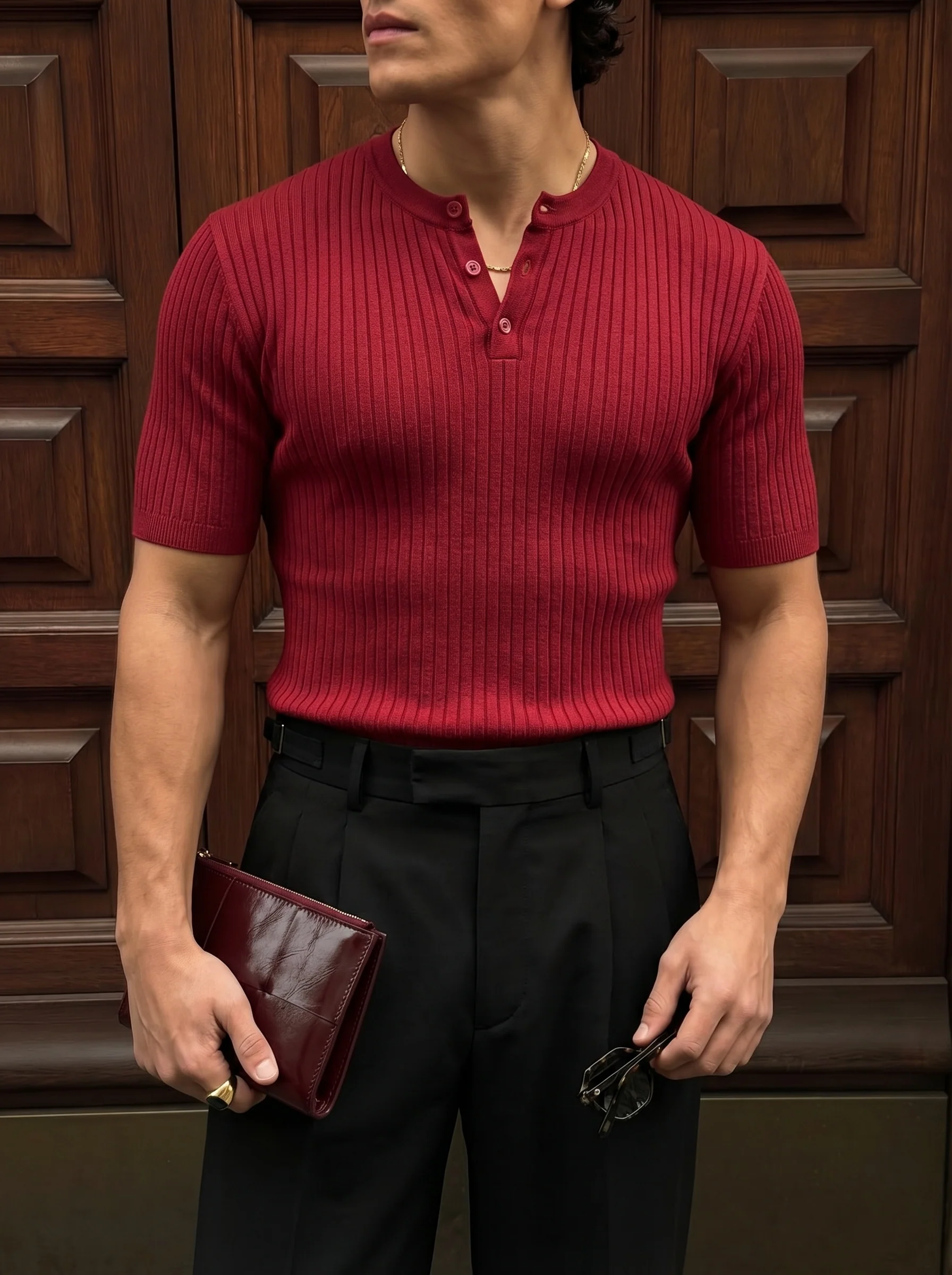 Slim Fit Button Knit T-shirt - Bordeaux - Image 2