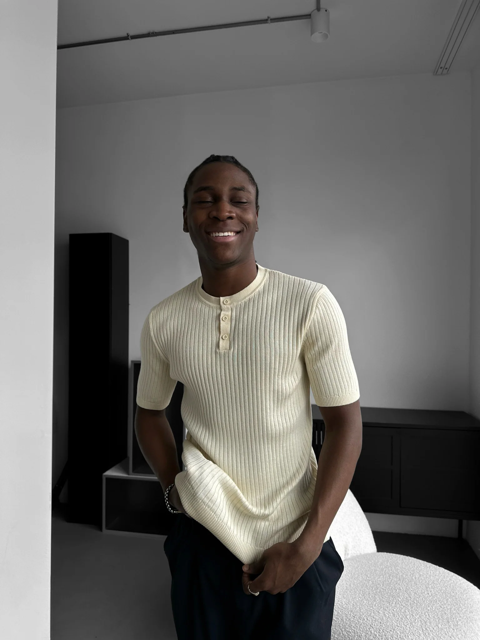 Slim Fit Button Knit T-shirt - Cream - Image 2