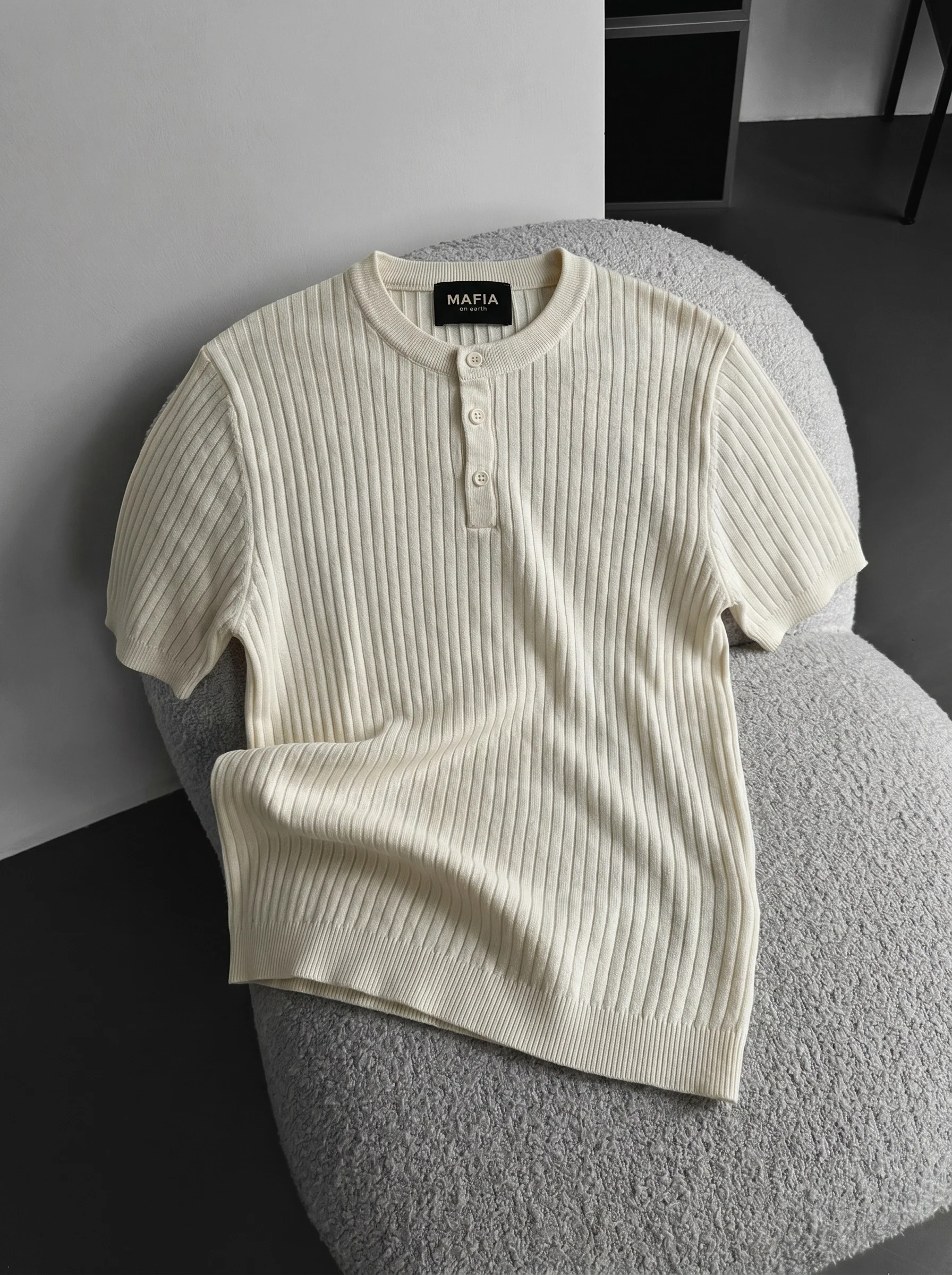Slim Fit Button Knit T-shirt - Ecru