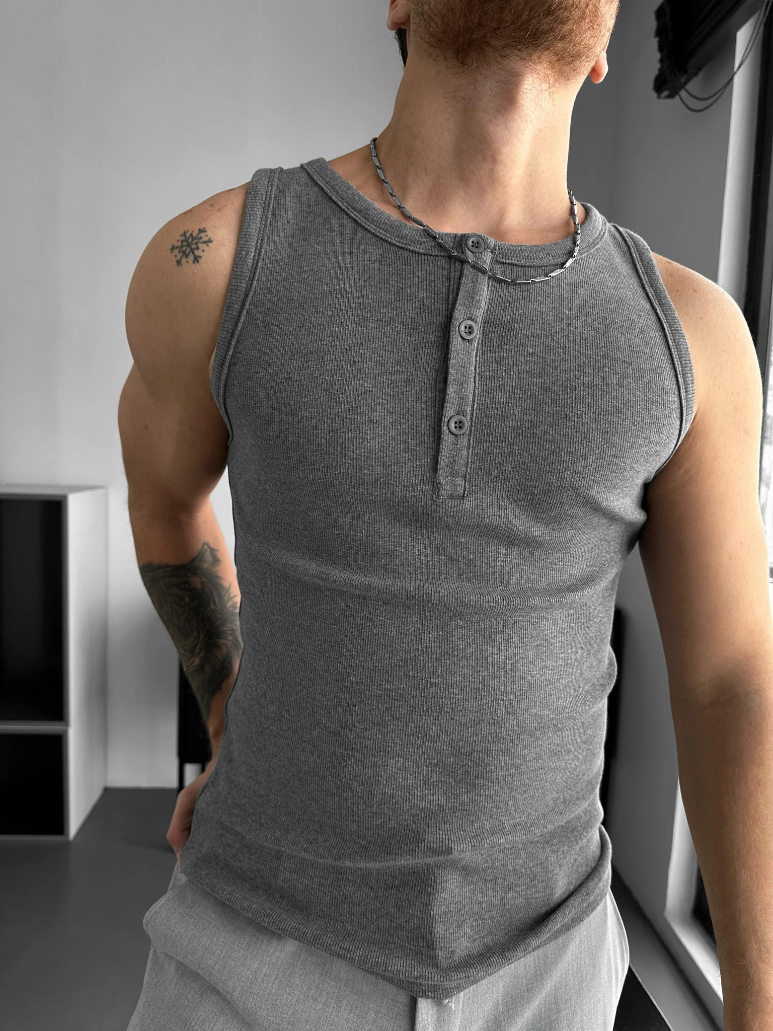 Slim Fit Button Tanktop - Anthracite Melange - Image 2