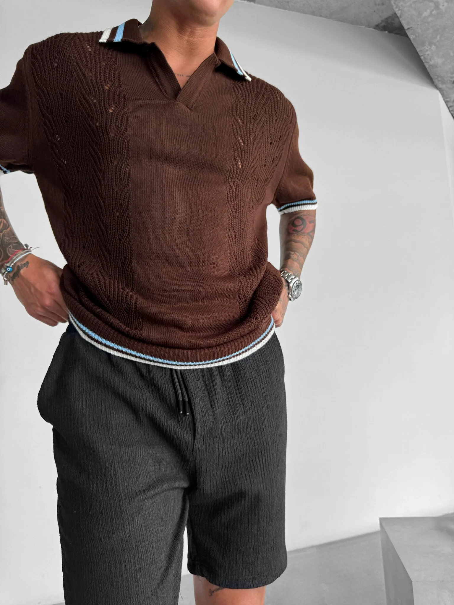 Slim Fit Detail Knit Polo T-Shirt - Brown - Image 3