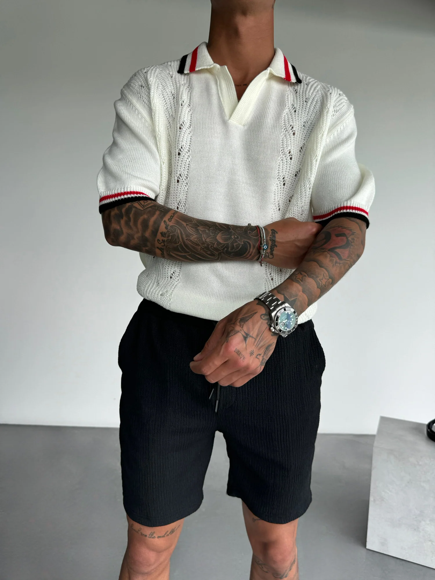 Slim Fit Detail Knit Polo T-Shirt - Ecru - Image 3