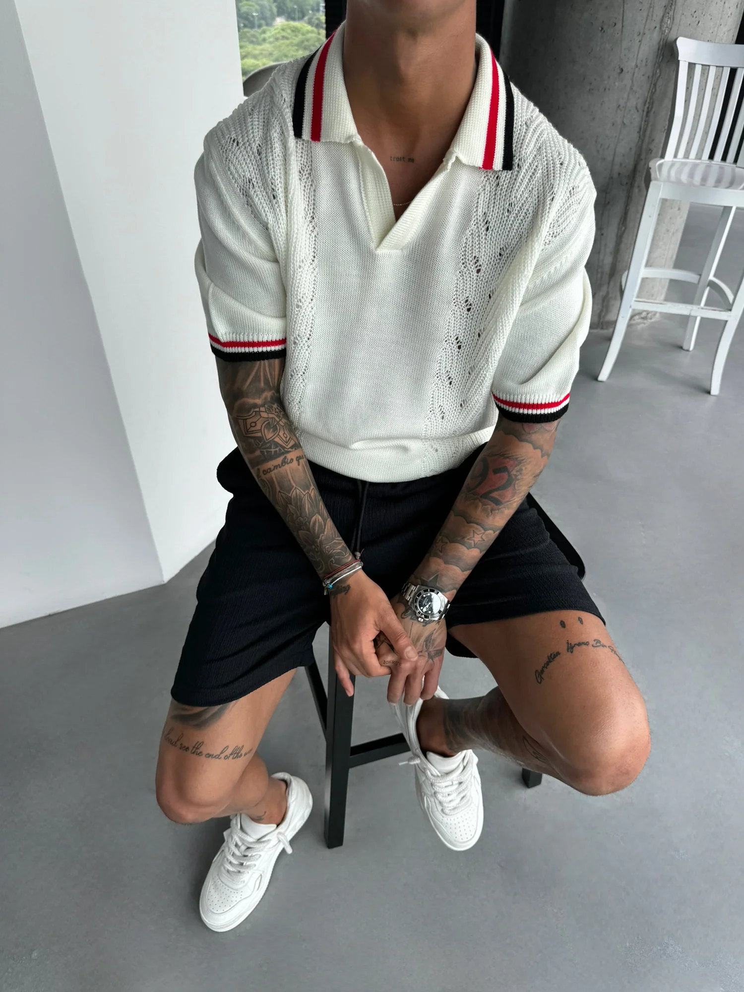 Slim Fit Detail Knit Polo T-Shirt - Ecru - Image 4