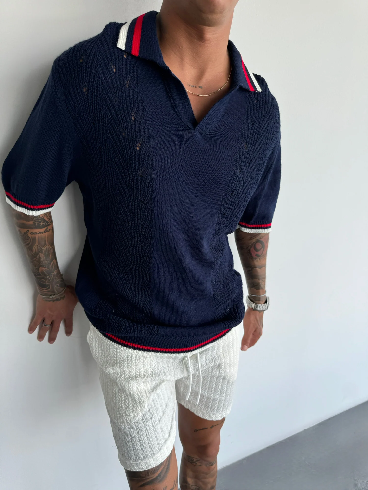 Slim Fit Detail Knit Polo T-Shirt - Indigo