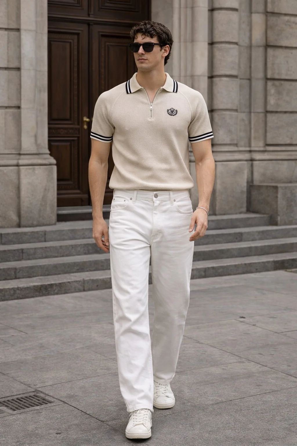 Slim Fit Half-Zip Embroidered Polo T-shirt - Beige - Image 2