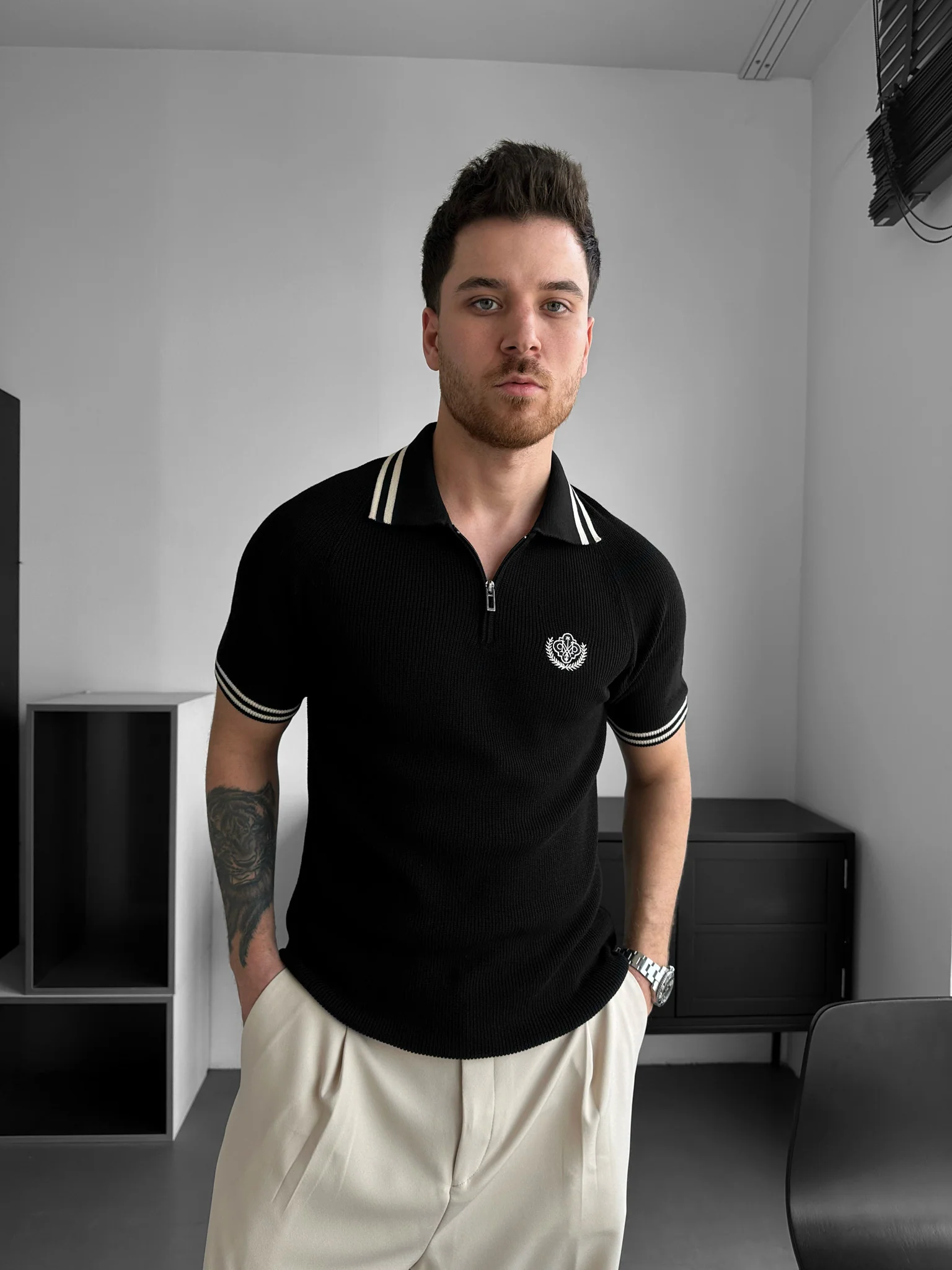 Slim Fit Half-Zip Embroidered Polo T-shirt - Black - Image 2