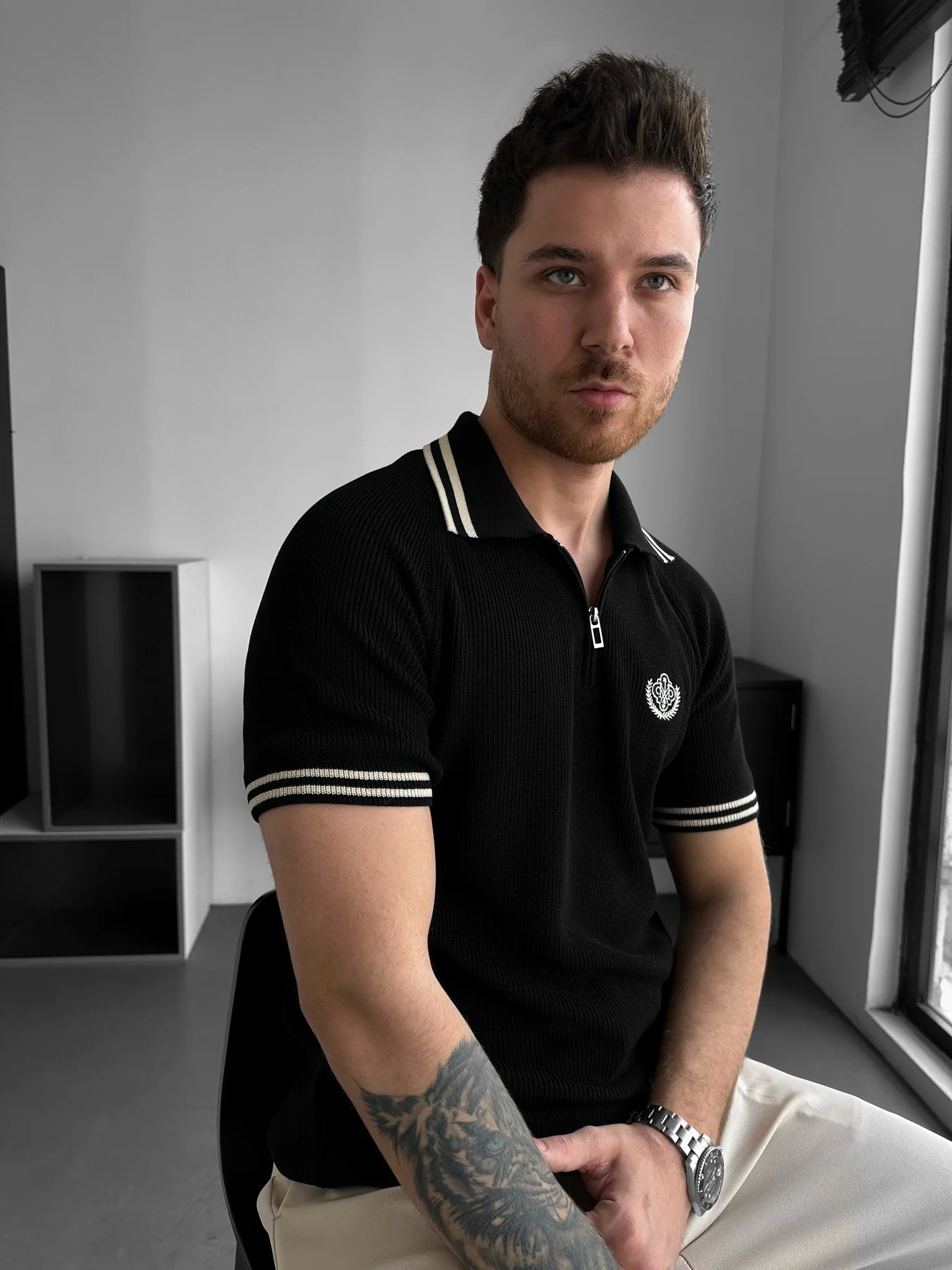 Slim Fit Half-Zip Embroidered Polo T-shirt - Black - Image 5