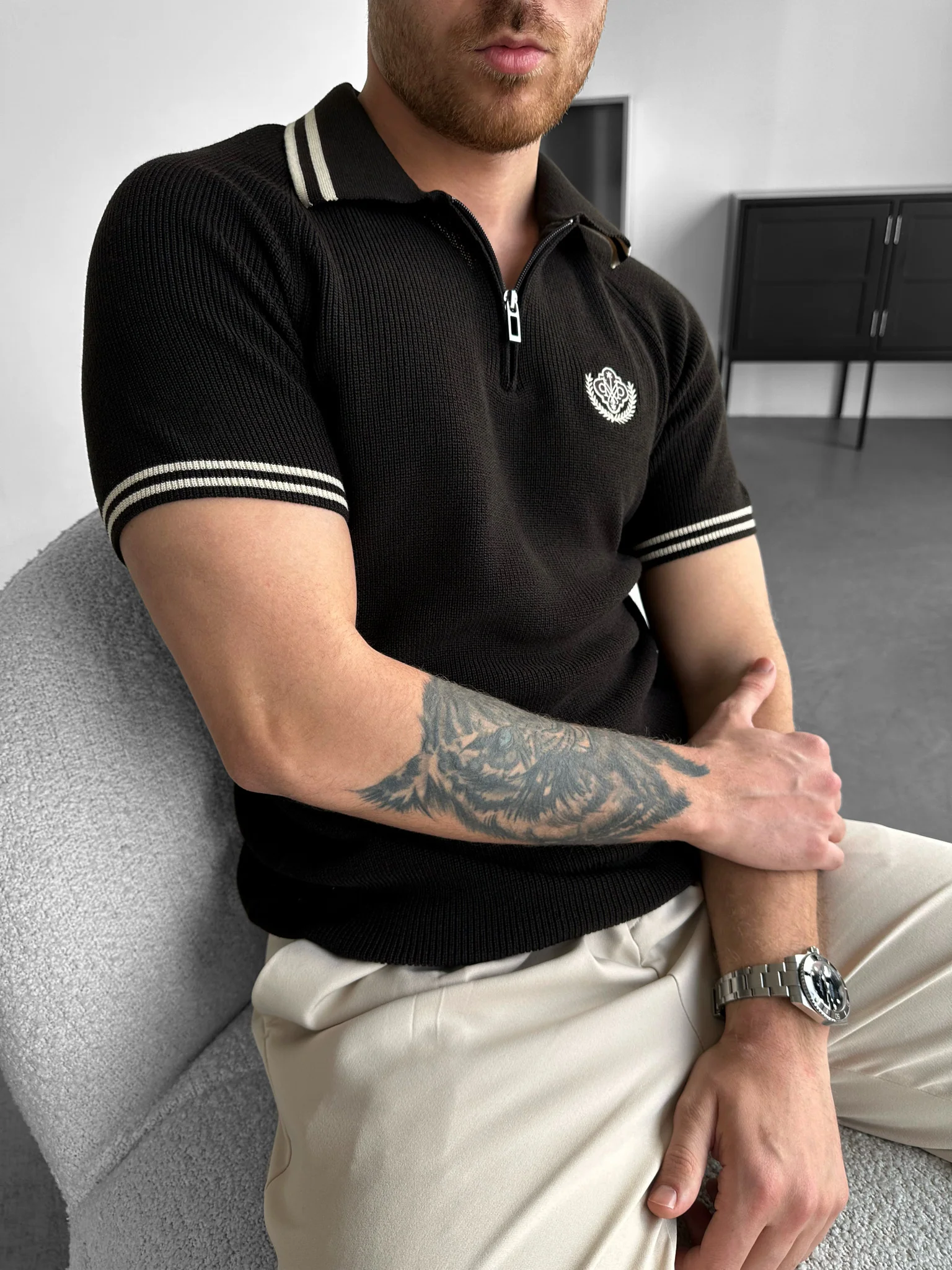 Slim Fit Half-Zip Embroidered Polo T-shirt - Dark Brown