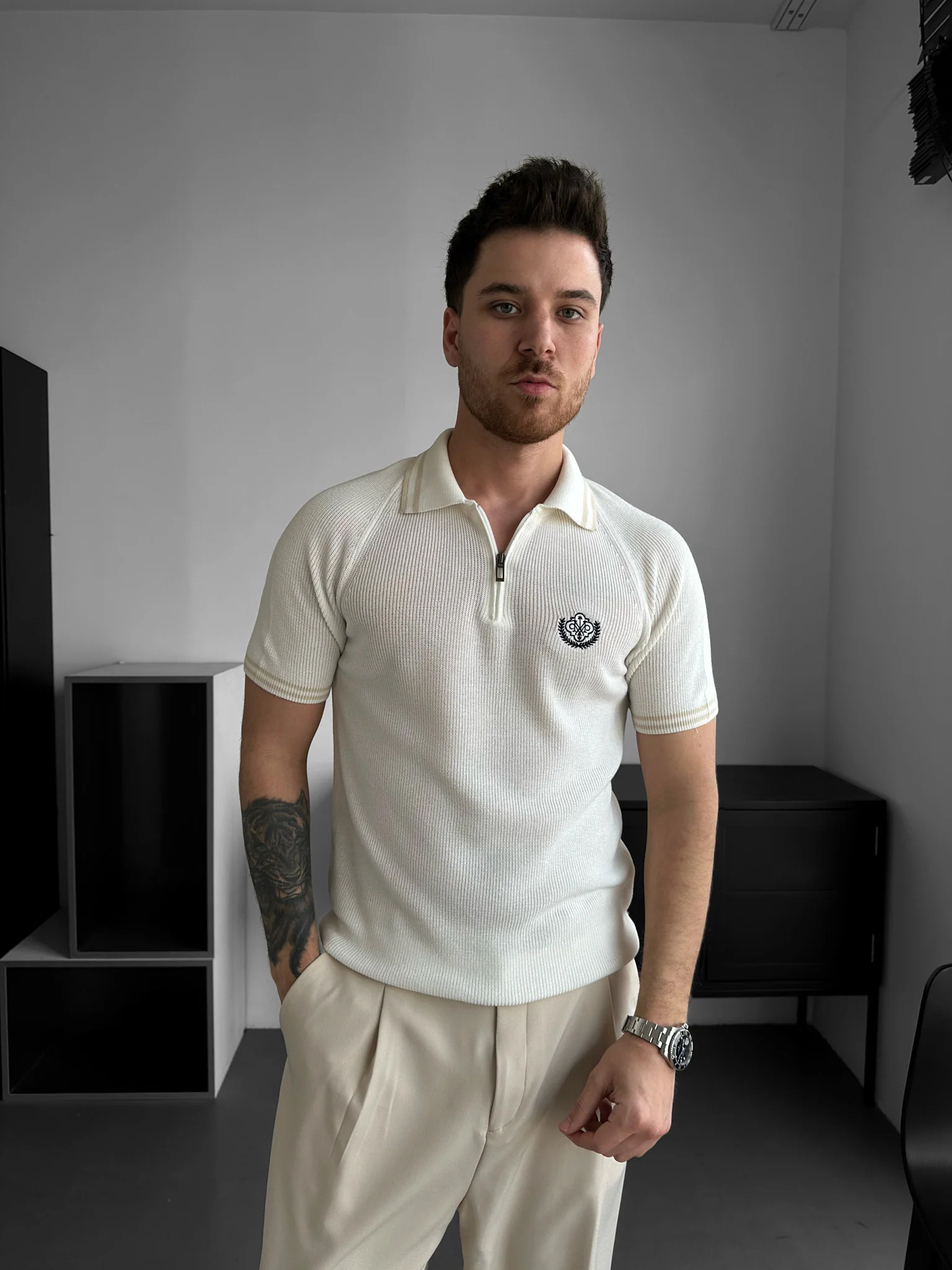 Slim Fit Half-Zip Embroidered Polo T-shirt - Ecru