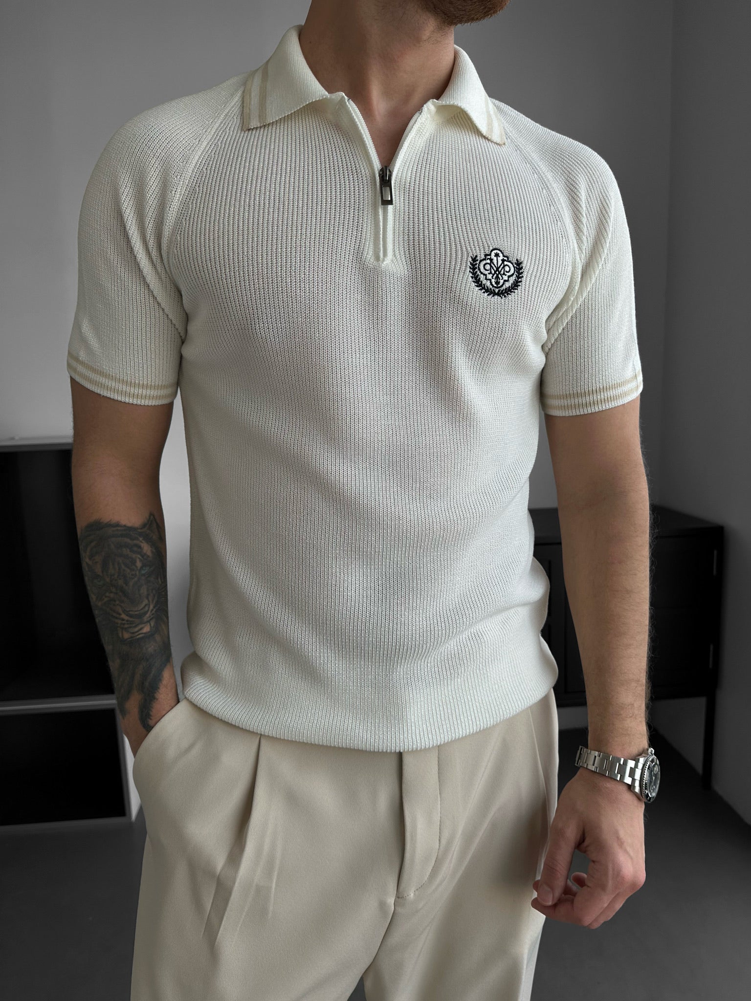 Slim Fit Half-Zip Embroidered Polo T-shirt - Ecru - Image 2